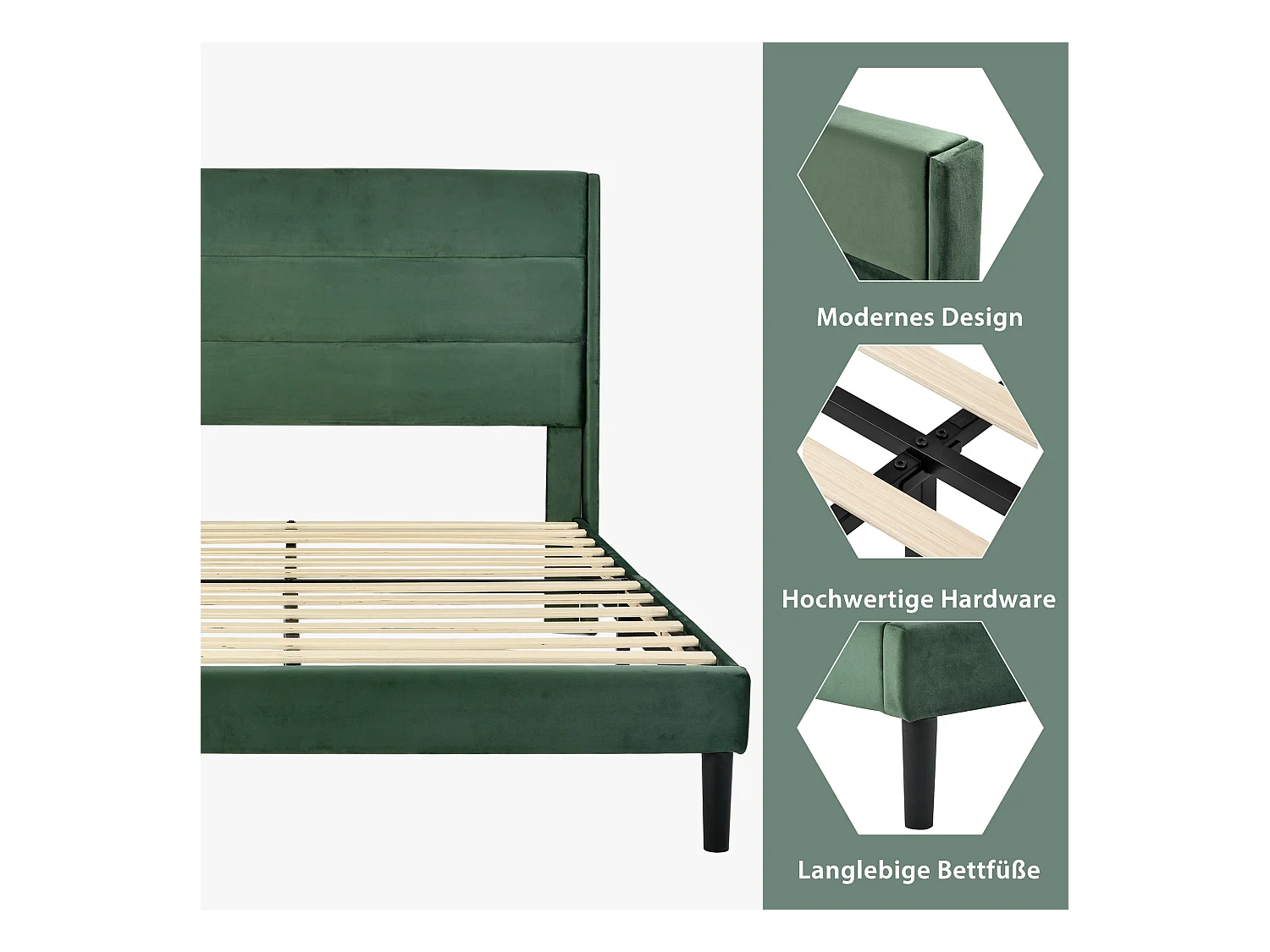 Lit double rembourré - 140 x 200 cm - avec sommier à lattes + tête de lit - lin - vert(avec matelas)