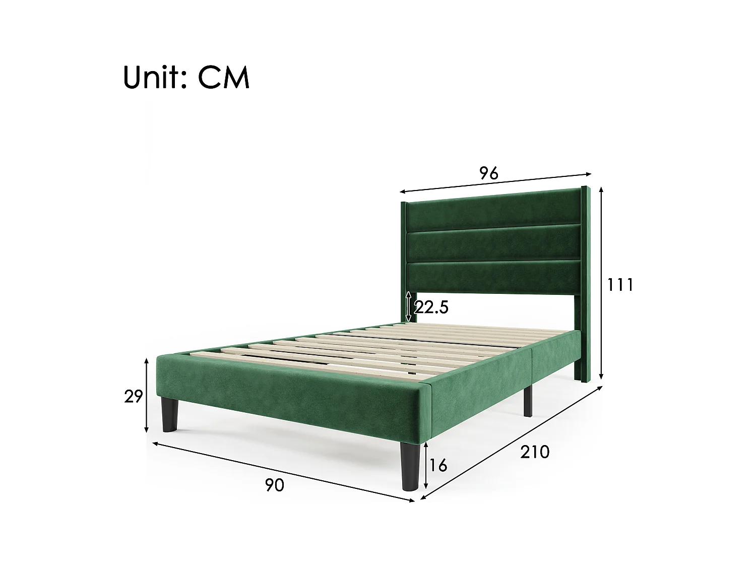 Lit rembourré pour jeunes - 90 x 200 cm - avec sommier à lattes + tête de lit - lin - vert(avec matelas)