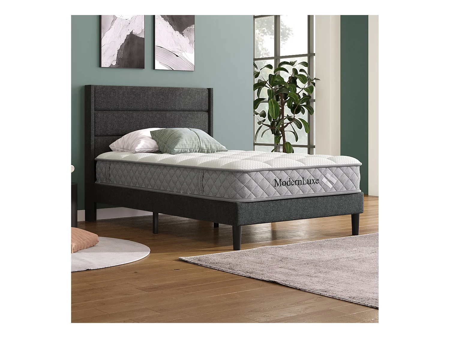 Jugendbett gepolstert - 90 x 200 cm - mit Lattenrost + Kopfteil - Leinen - Grau (mit Matratze)