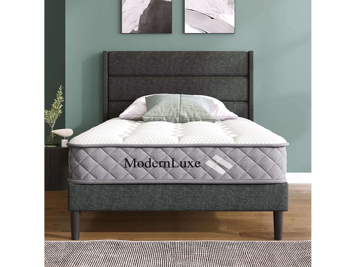 Lit rembourré pour jeunes - 90 x 200 cm - avec sommier à lattes + tête de lit - lin - gris(avec matelas)