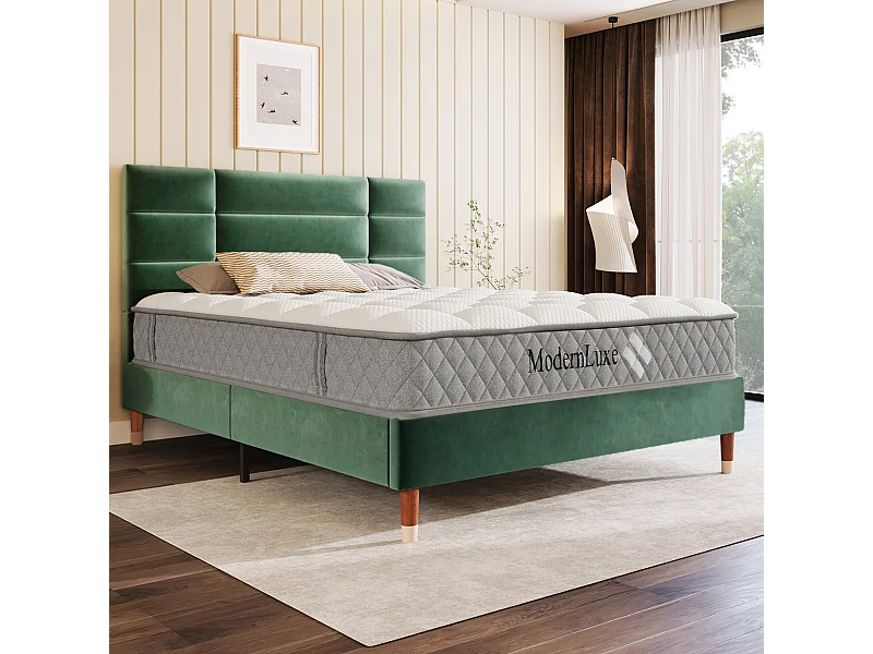 Polsterbett Doppelbett - 140 x 200 cm - mit Kopfteil + Lattenrost - Samt - Grün (mit Matratze)