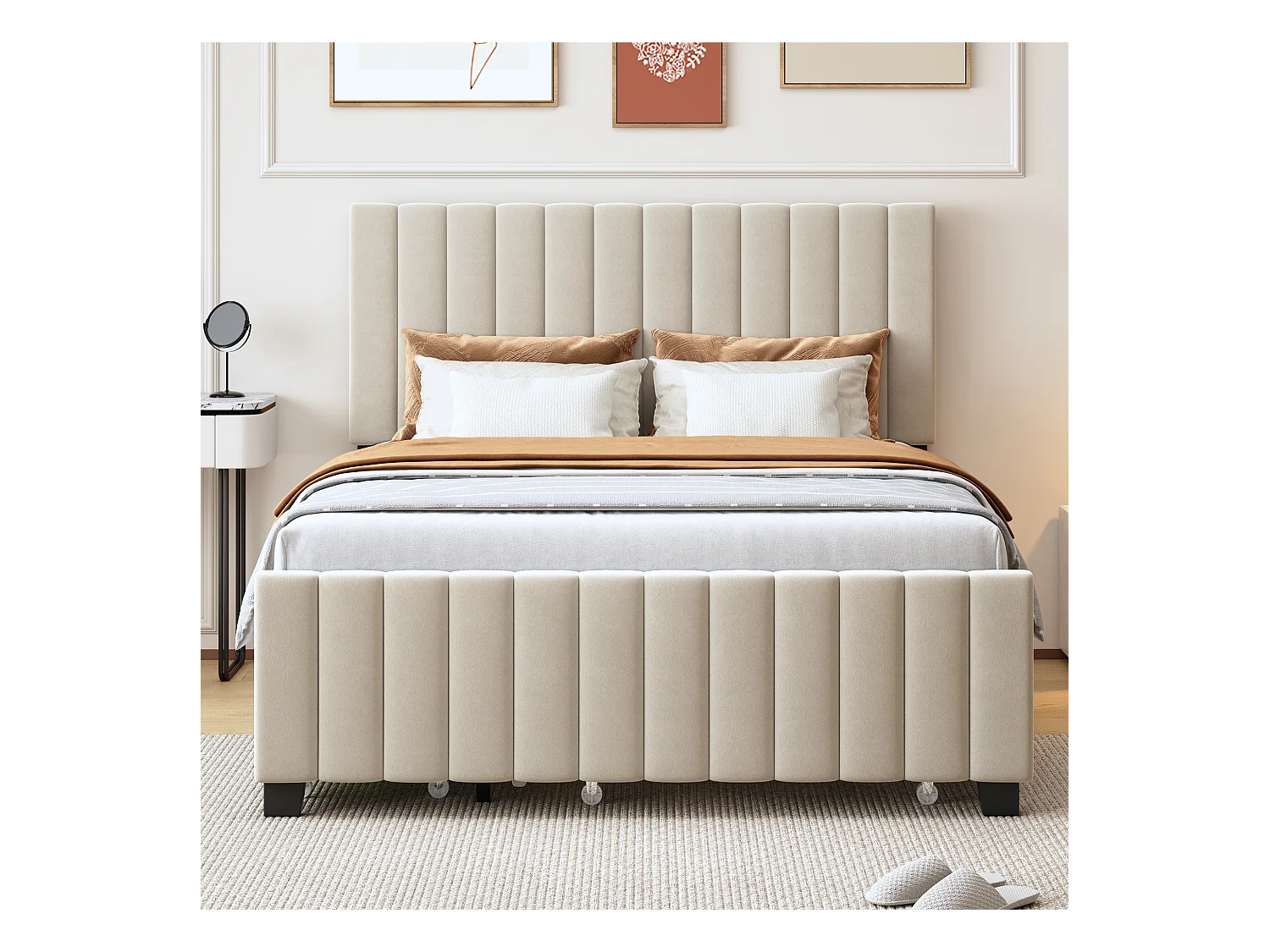 Lit rembourré enfant - 140 x 190 cm - avec lit gigogne 90 x 190 cm + 2 tiroirs - velours - beige