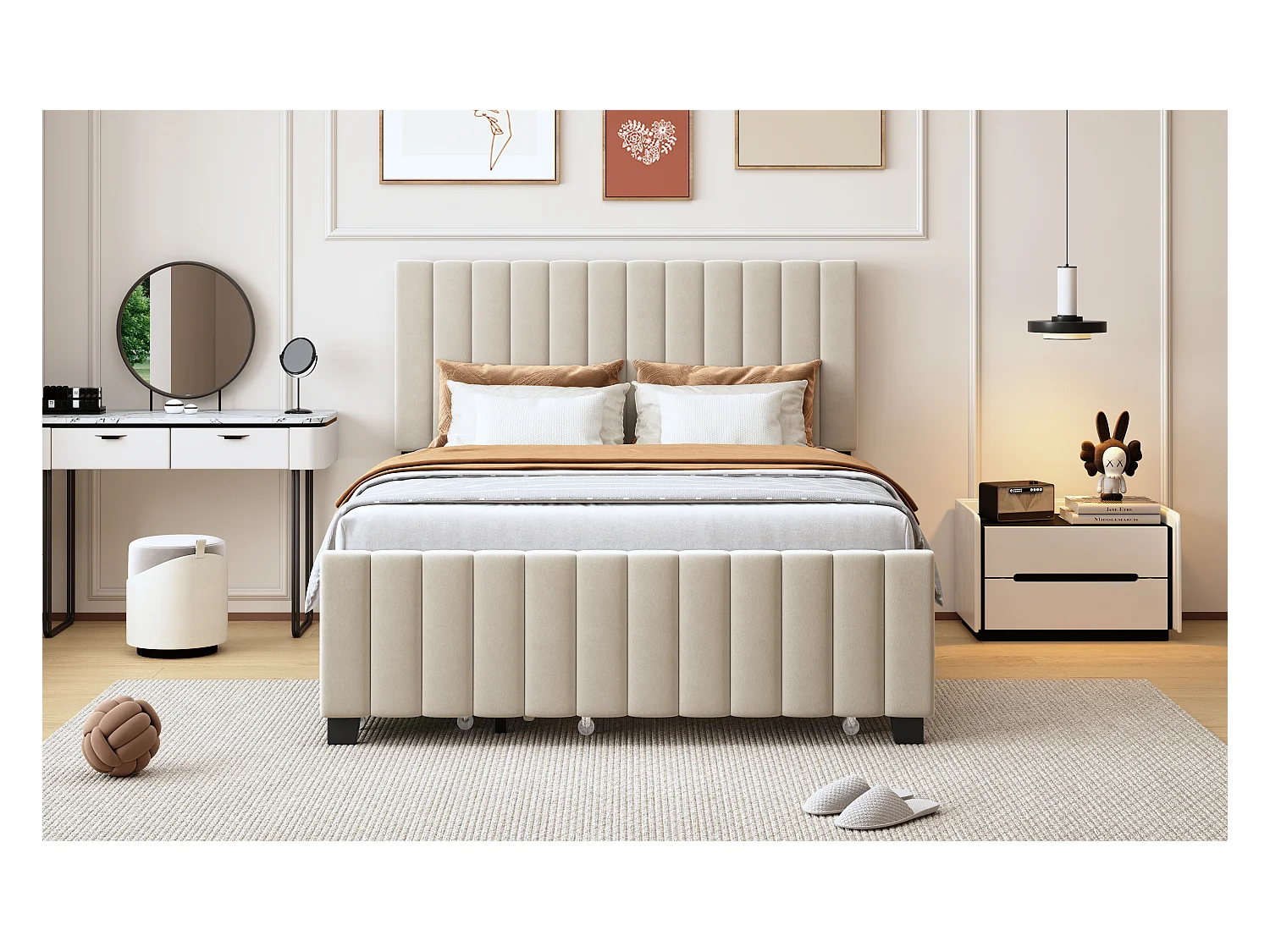 Lit rembourré enfant - 140 x 190 cm - avec lit gigogne 90 x 190 cm + 2 tiroirs - velours - beige