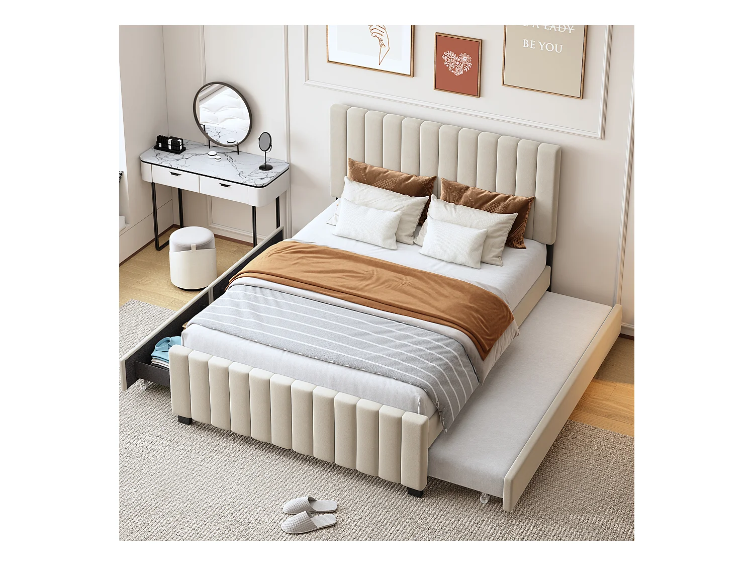 Lit rembourré enfant - 140 x 190 cm - avec lit gigogne 90 x 190 cm + 2 tiroirs - velours - beige