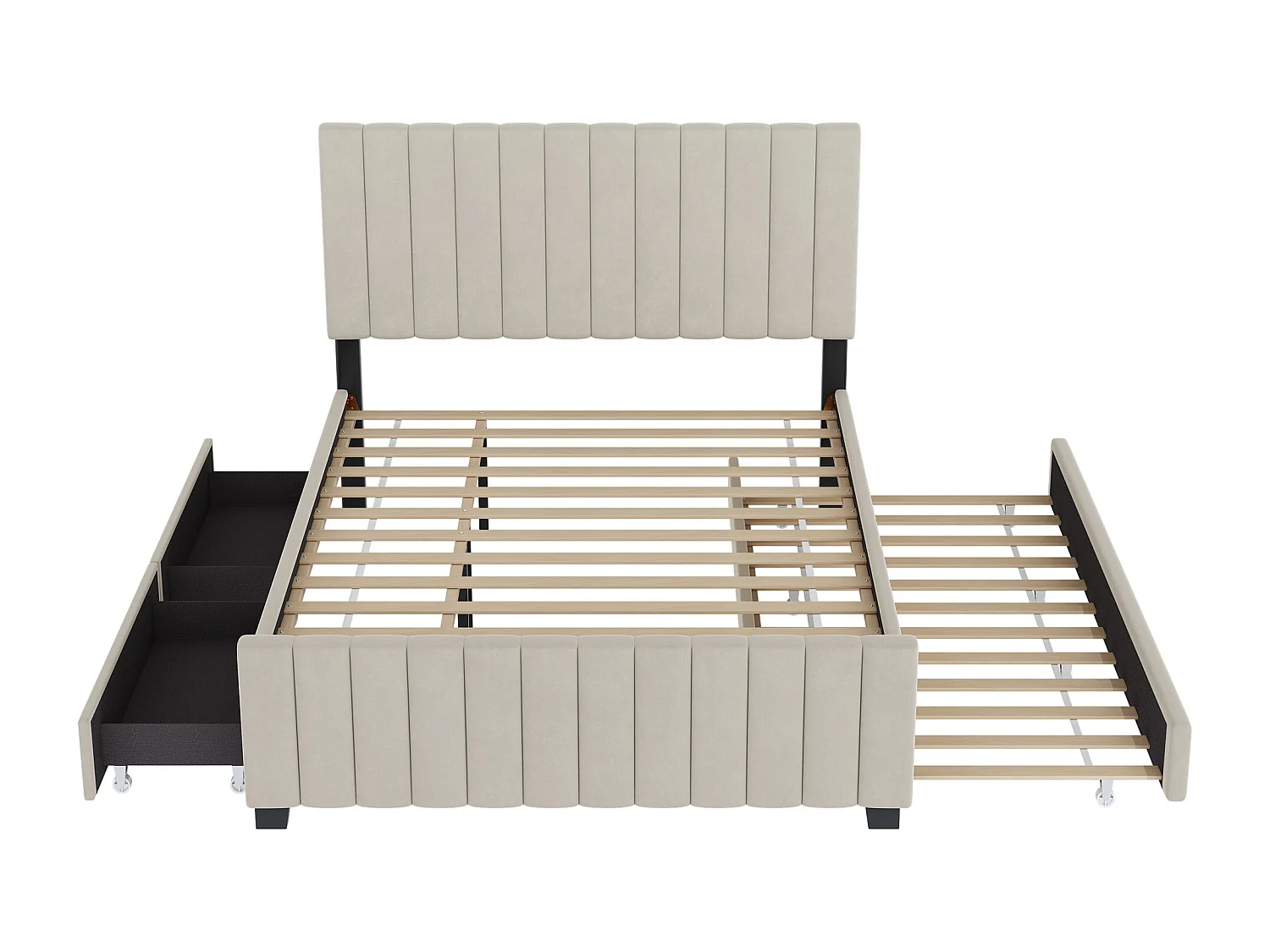 Letto imbottito per bambini - 140 x 190 cm - con letto estraibile 90 x 190 cm + 2 cassetti - velluto - beige