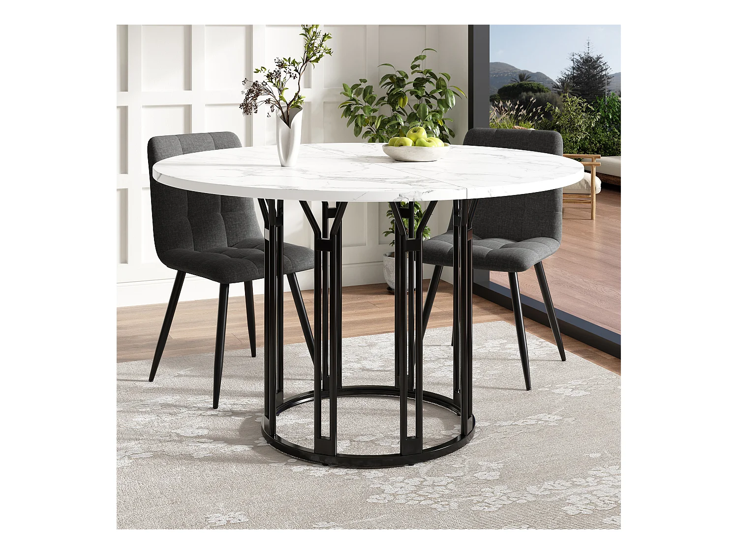 Runder Esstisch - 100 x 100 x 74 cm – Metallbeine – Marmormuster – MDF + Metall – Schwarz