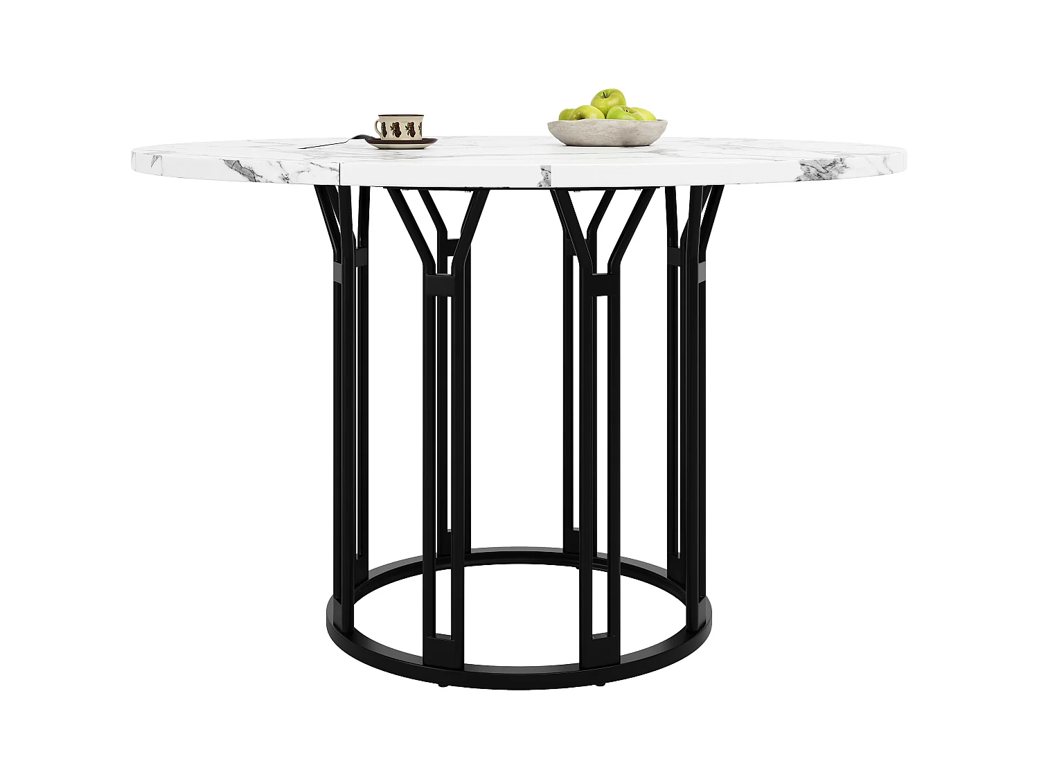 Table à manger ronde - 100 x 100 x 74 cm - pieds en métal - motif marbre - MDF + Métal - noir