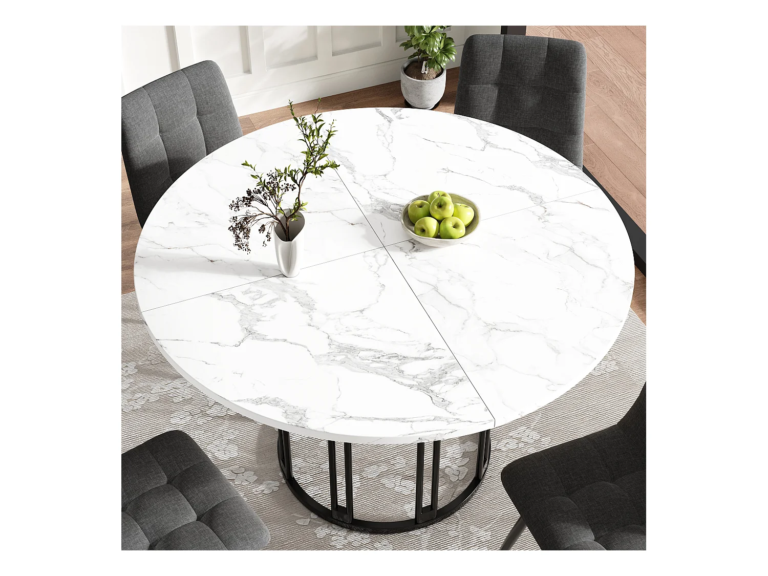 Table à manger ronde - 100 x 100 x 74 cm - pieds en métal - motif marbre - MDF + Métal - noir