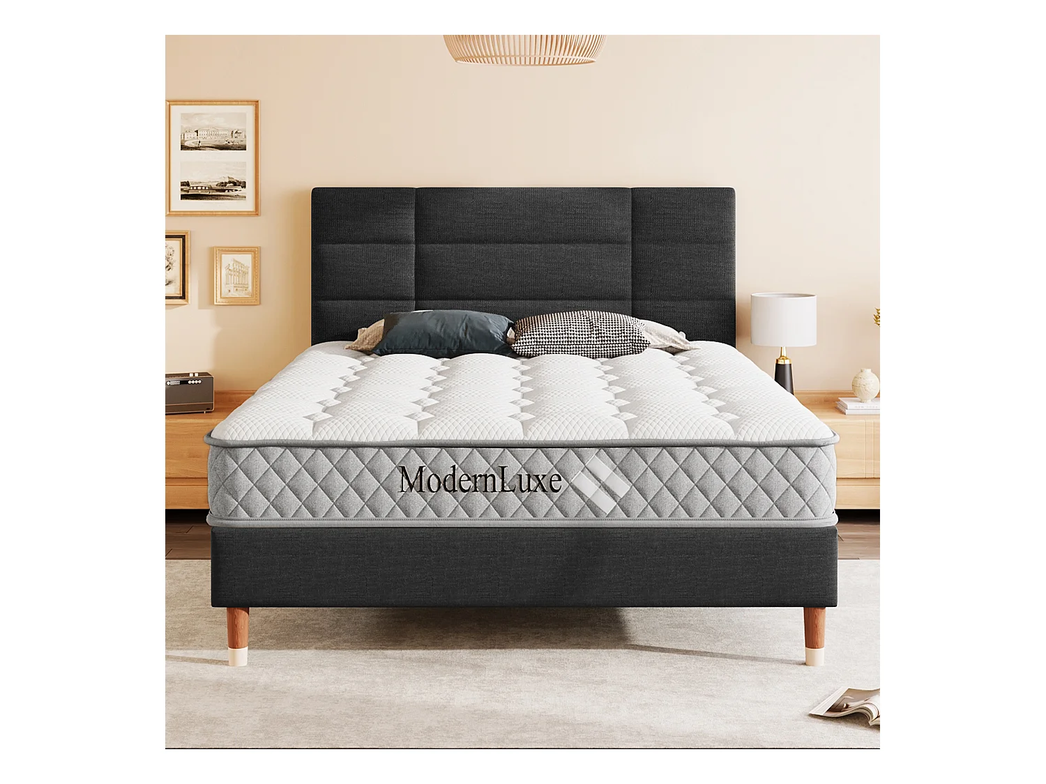 Lit double rembourré - 140 x 200 cm - avec tête de lit + sommier à lattes - lin - noir (avec matelas)