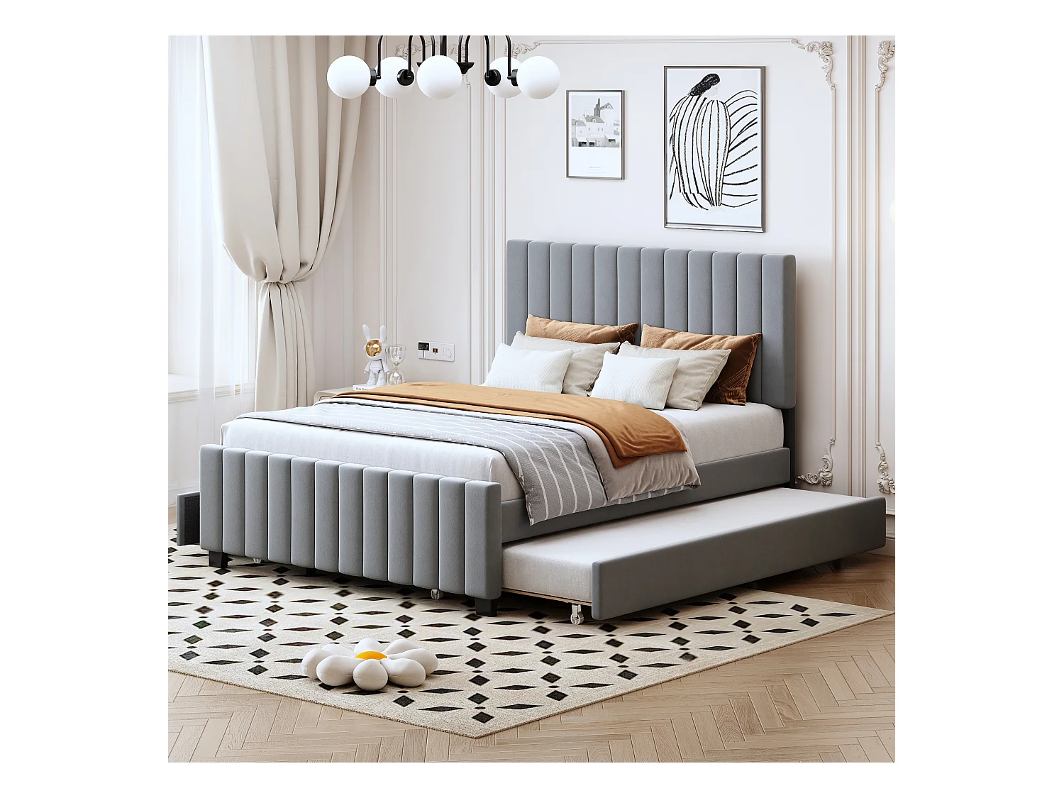 Lit rembourré enfant - 140 x 190 cm - avec lit gigogne 90 x 190 cm + 2 tiroirs - velours - gris