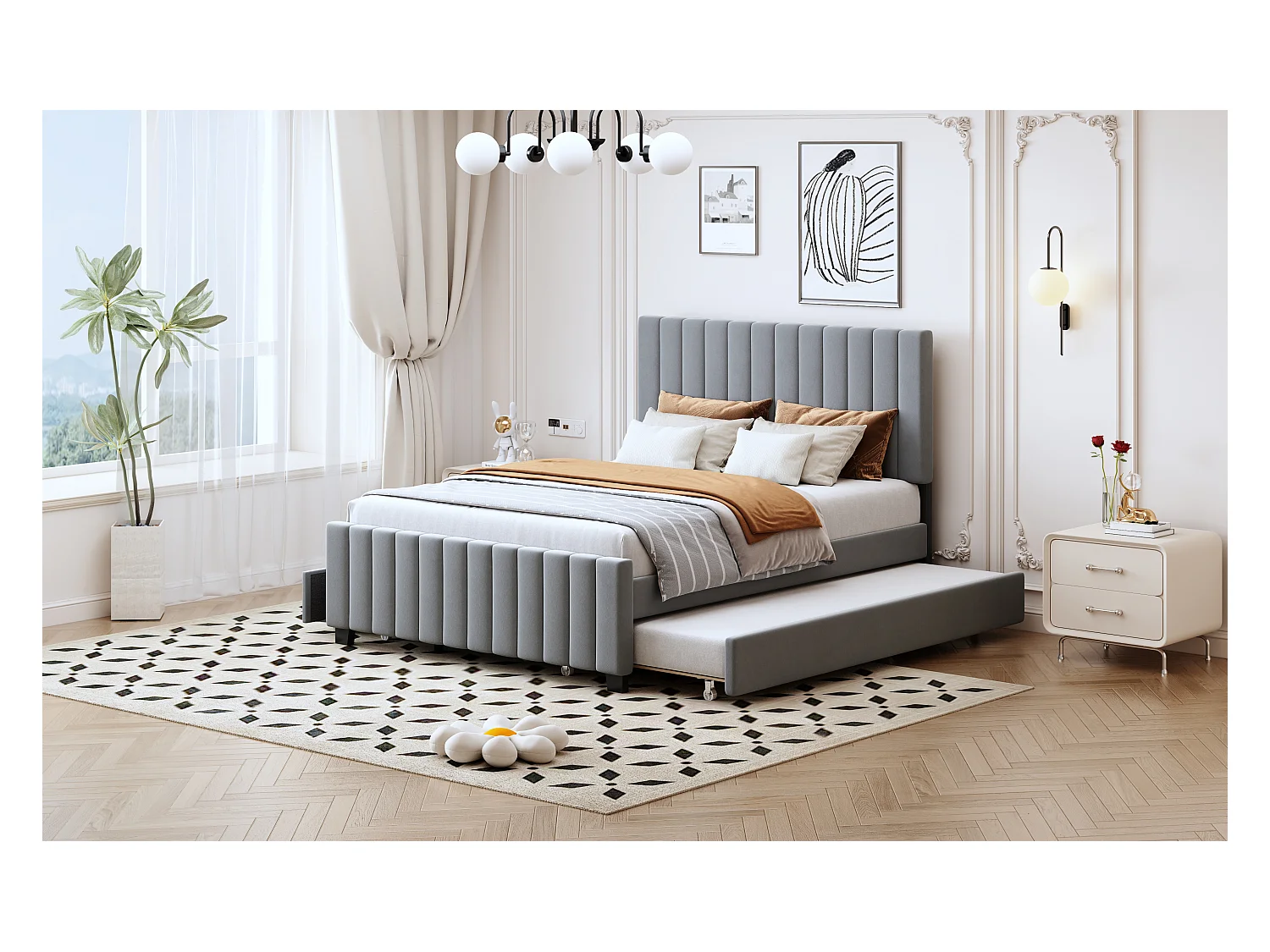 Lit rembourré enfant - 140 x 190 cm - avec lit gigogne 90 x 190 cm + 2 tiroirs - velours - gris