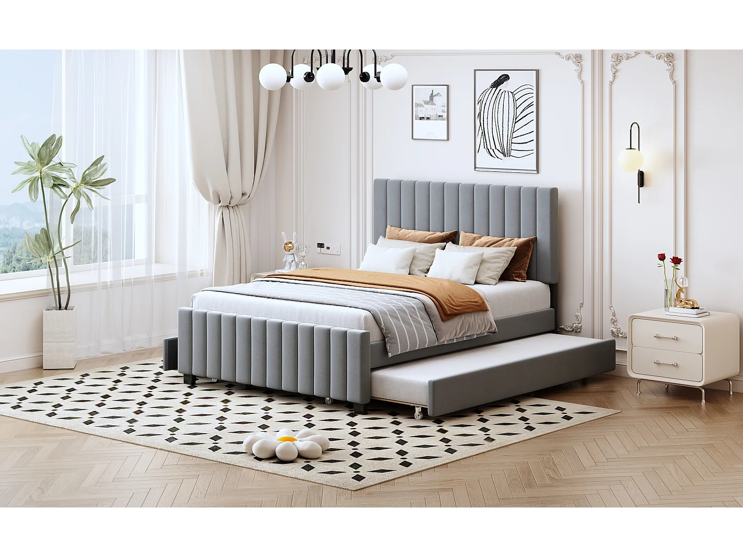 Letto imbottito per bambini - 140 x 190 cm - con letto estraibile 90 x 190 cm + 2 cassetti - velluto - grigio