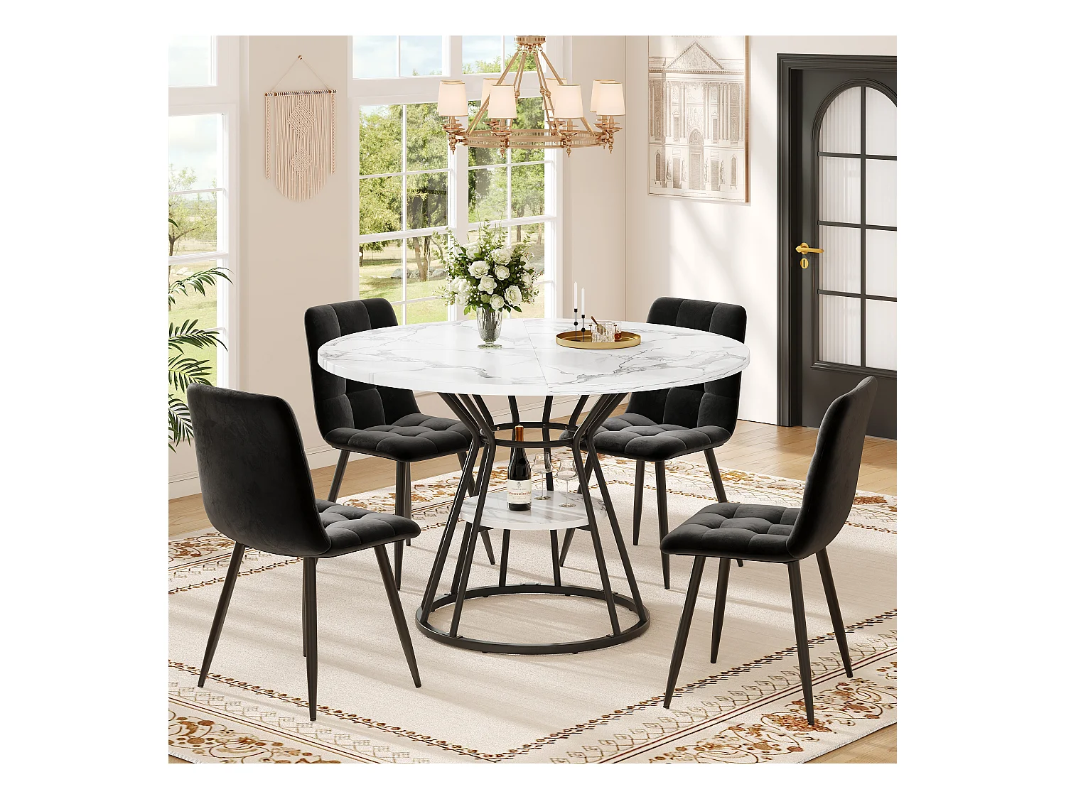 Table à manger ronde - 100 x 100 x 76 cm - avec rangement - motif marbre - MDF + Métal - noir