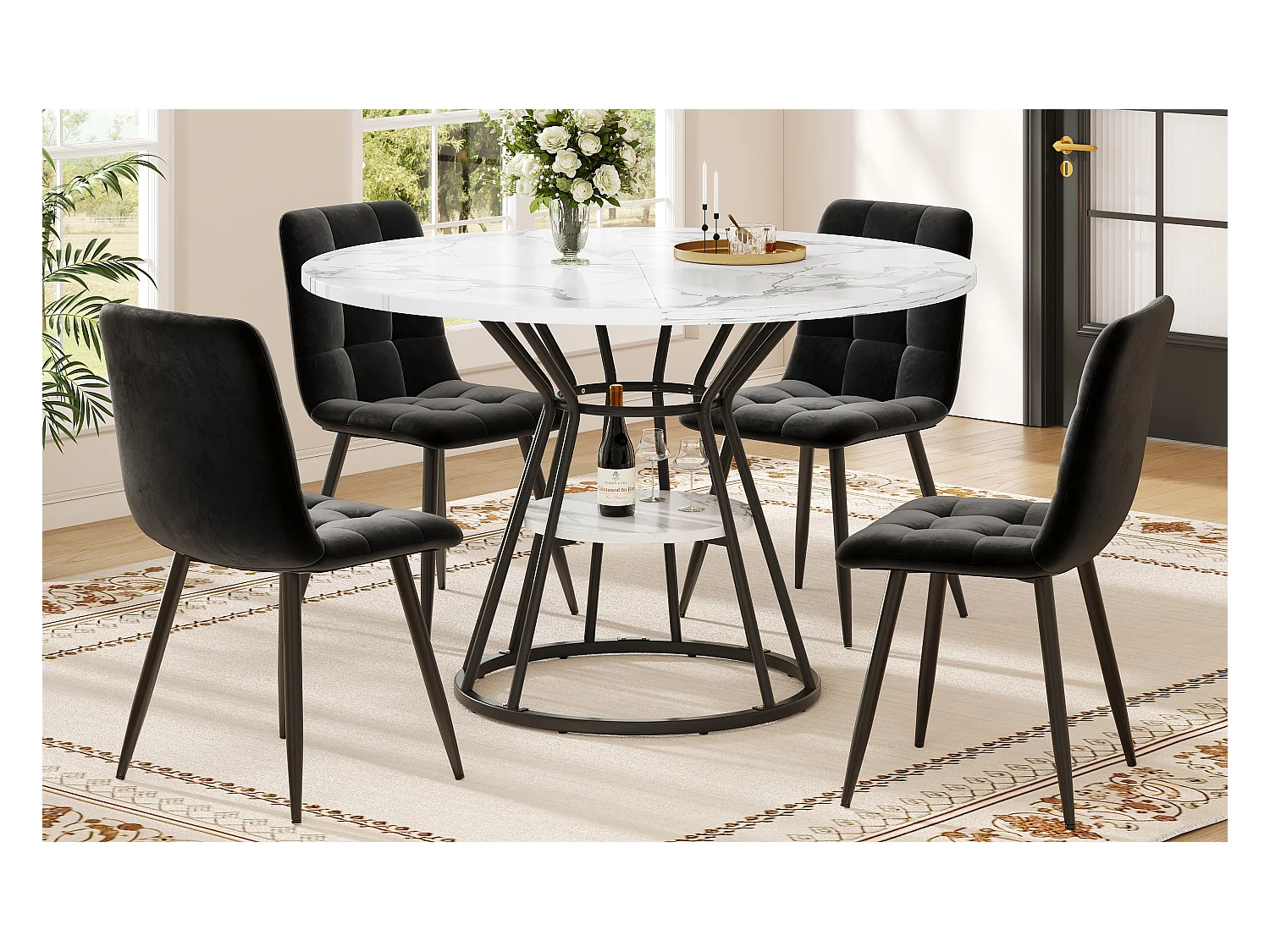 Table à manger ronde - 100 x 100 x 76 cm - avec rangement - motif marbre - MDF + Métal - noir