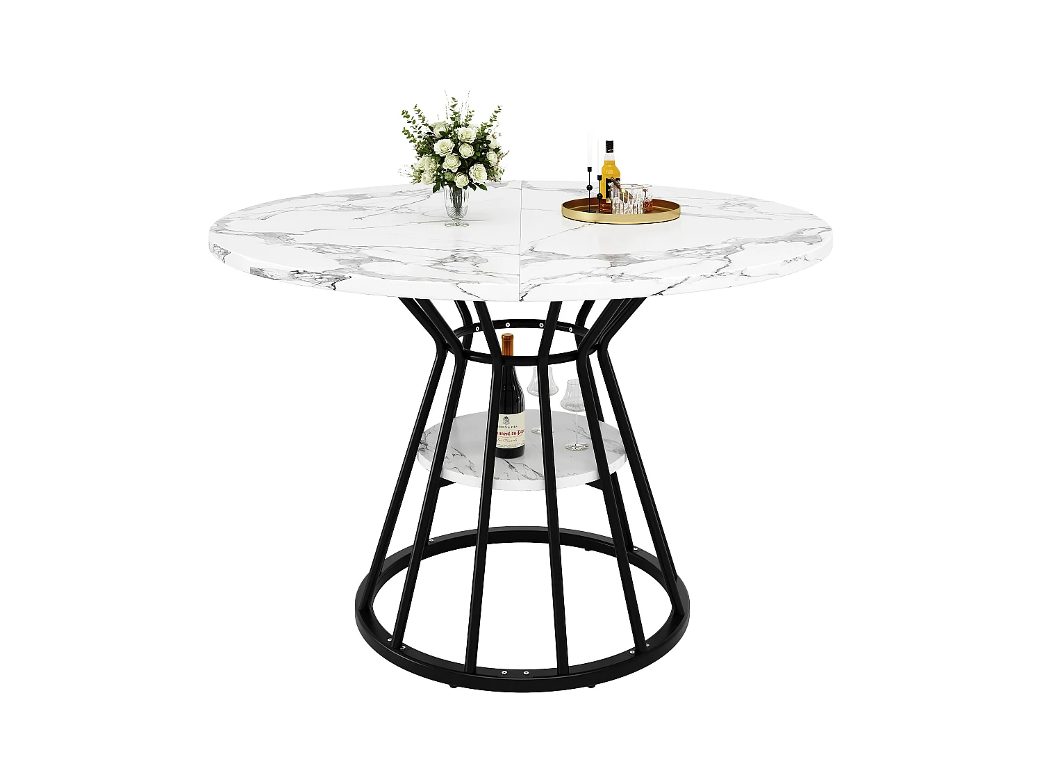 Table à manger ronde - 100 x 100 x 76 cm - avec rangement - motif marbre - MDF + Métal - noir