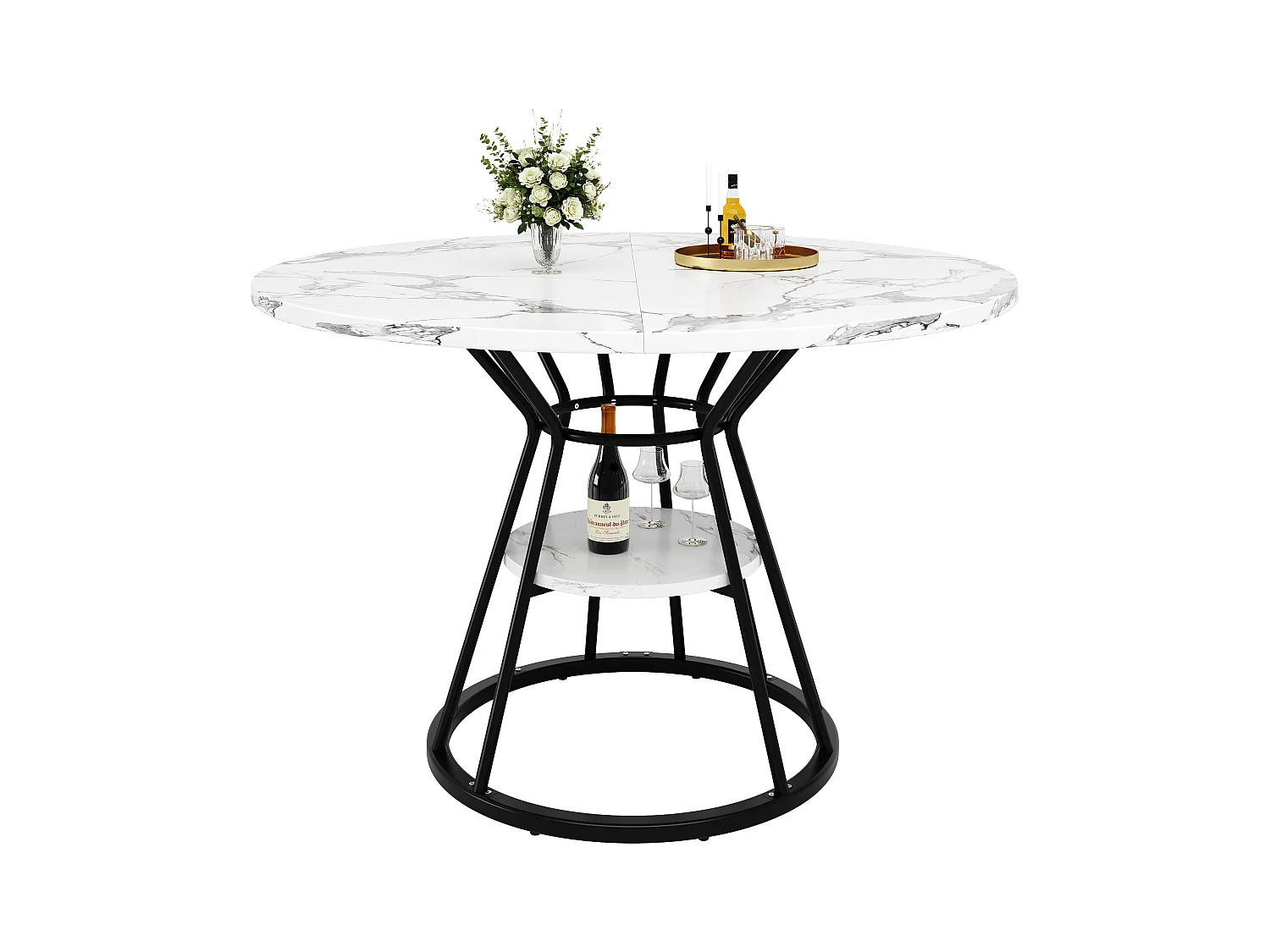 Table à manger ronde - 100 x 100 x 76 cm - avec rangement - motif marbre - MDF + Métal - noir