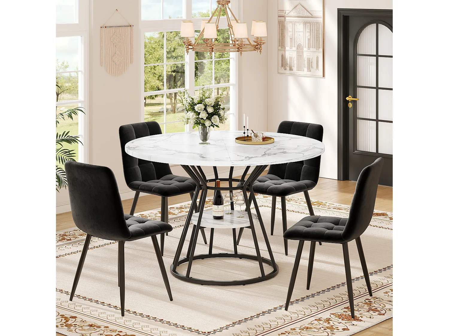 Tavolo da pranzo rotondo - 100 x 100 x 76 cm - con contenitore - effetto marmo - MDF + metallo - nero