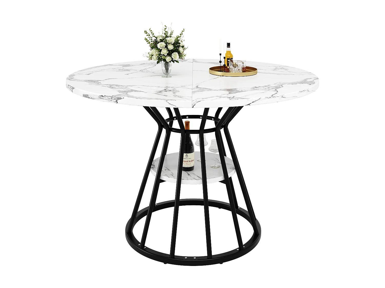 Tavolo da pranzo rotondo - 100 x 100 x 76 cm - con contenitore - effetto marmo - MDF + metallo - nero