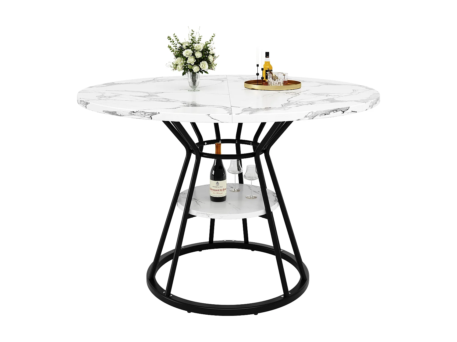 Tavolo da pranzo rotondo - 100 x 100 x 76 cm - con contenitore - effetto marmo - MDF + metallo - nero