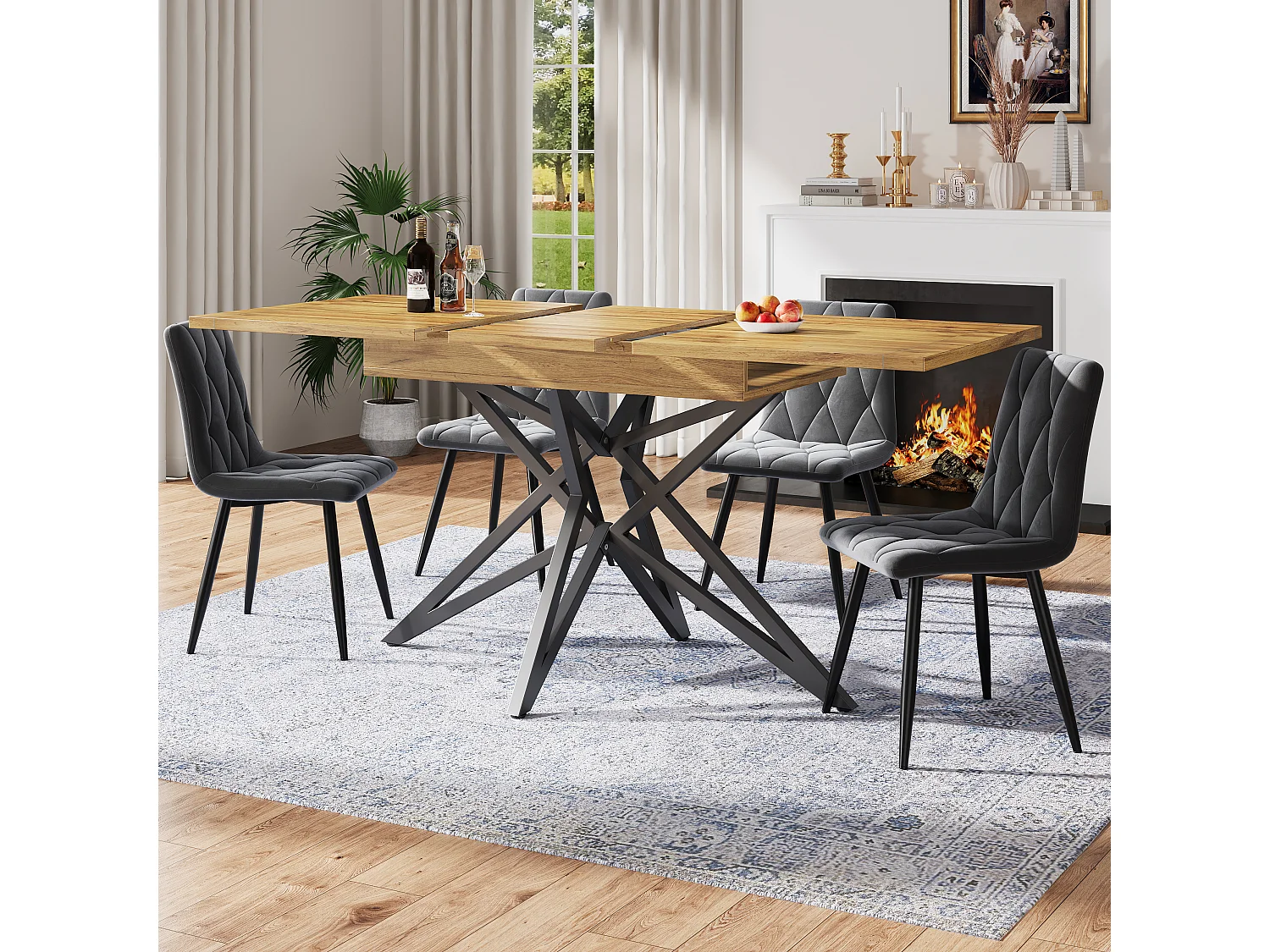 Table à manger extensible - 120 /160 x 80 x 66.1 cm - pieds en forme d'étoile -  MDF + Métal - naturel