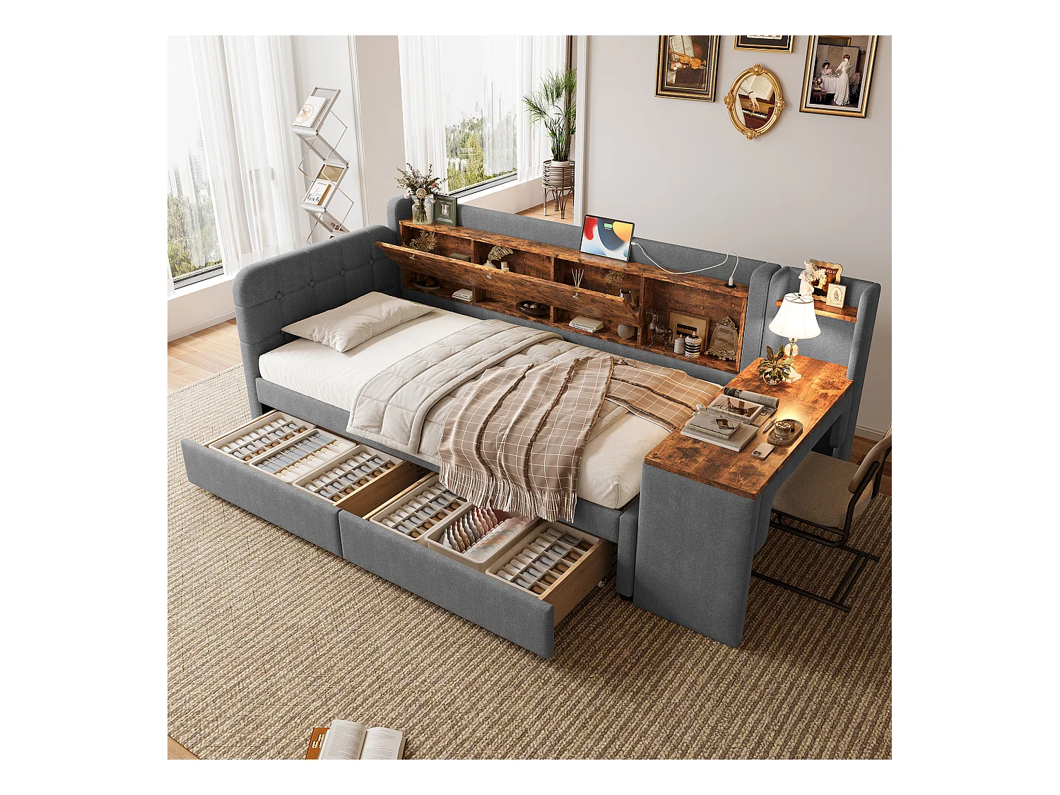 Canapé-lit pour enfant - 90 x 200 cm - avec bureau + 2 tiroirs + USB + rangement - lin - gris