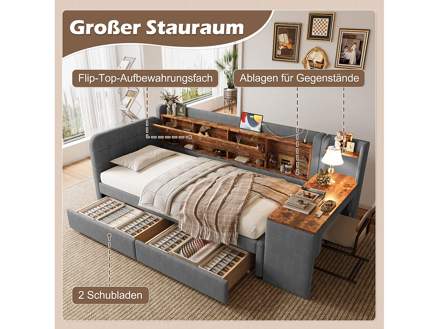 Kinderschlafsofa - 90 x 200 cm - mit Schreibtisch + 2 Schubladen + USB + Stauraum - Leinen - Grau