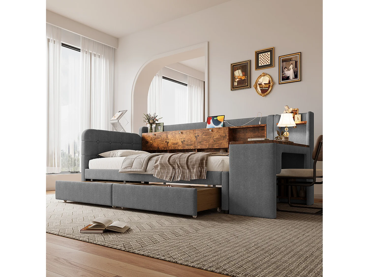 Kinderschlafsofa - 90 x 200 cm - mit Schreibtisch + 2 Schubladen + USB + Stauraum - Leinen - Grau