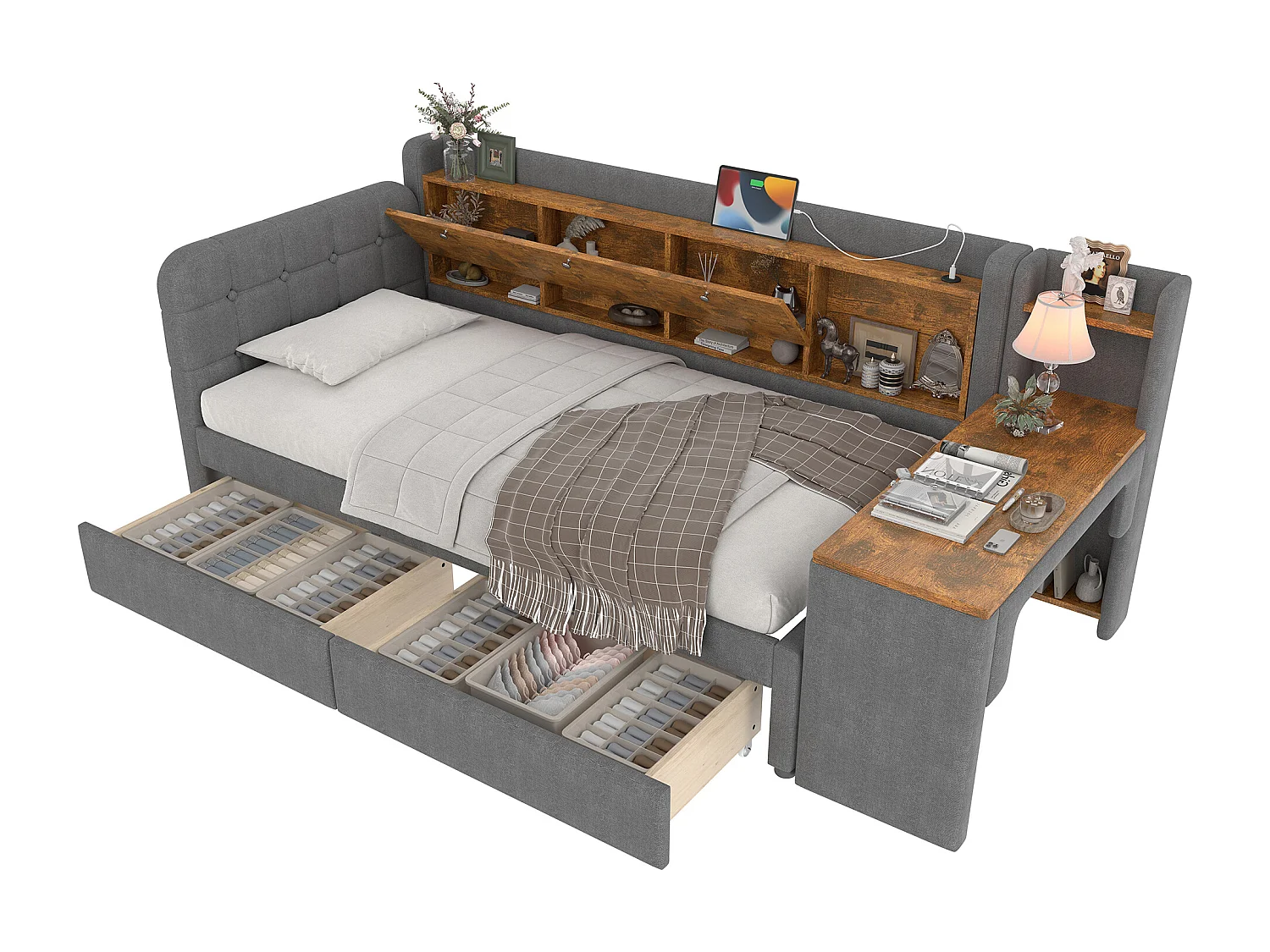 Kinderschlafsofa - 90 x 200 cm - mit Schreibtisch + 2 Schubladen + USB + Stauraum - Leinen - Grau