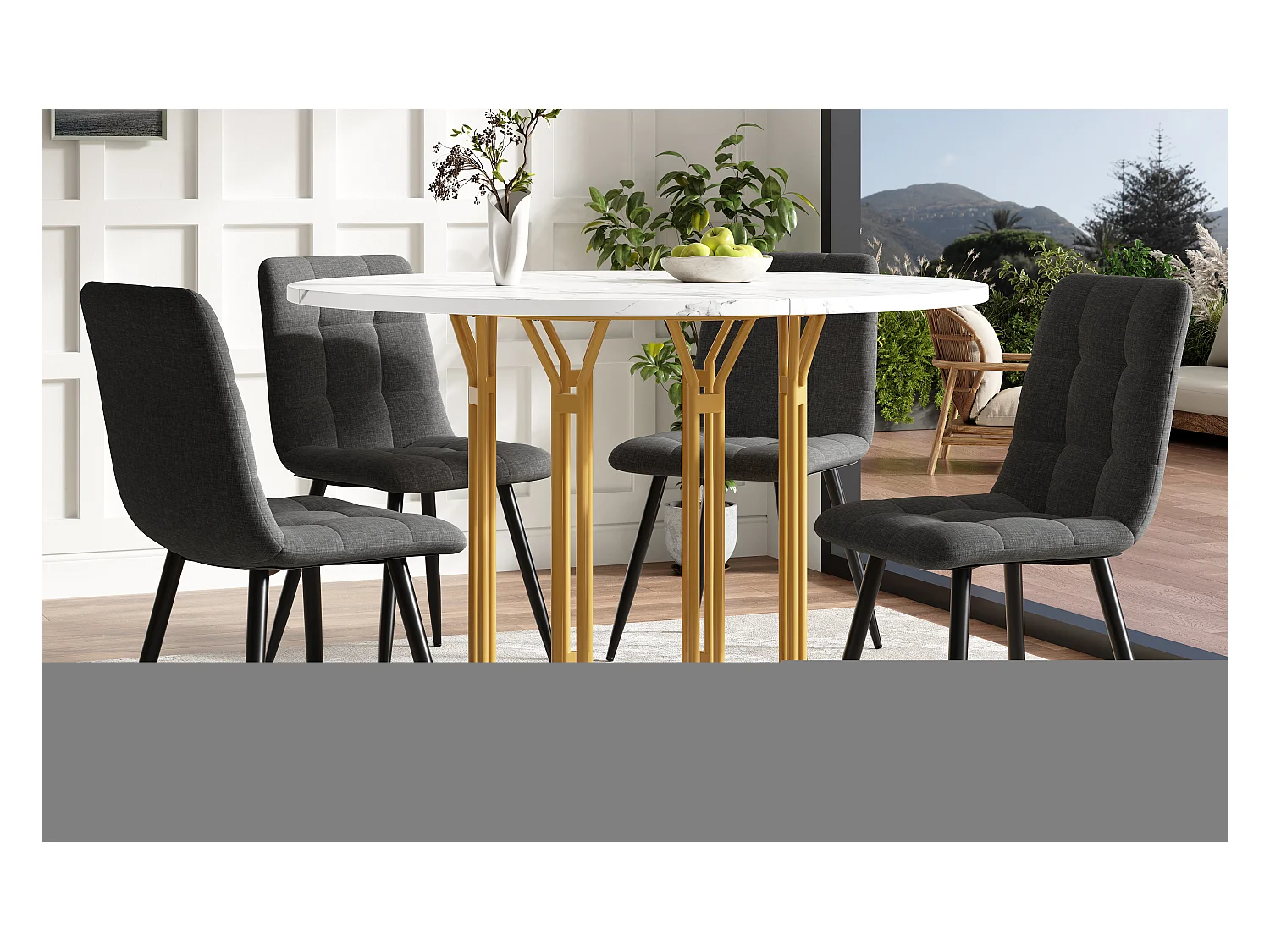 Table à manger ronde - 100 x 100 x 74 cm - pieds en métal - motif marbre - MDF + Métal - doré