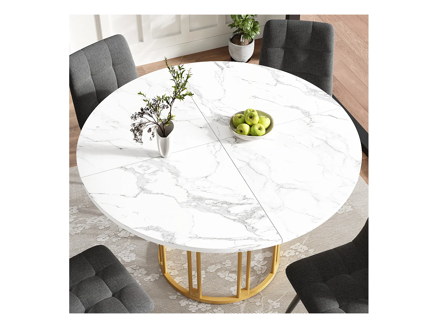 Table à manger ronde - 100 x 100 x 74 cm - pieds en métal - motif marbre - MDF + Métal - doré