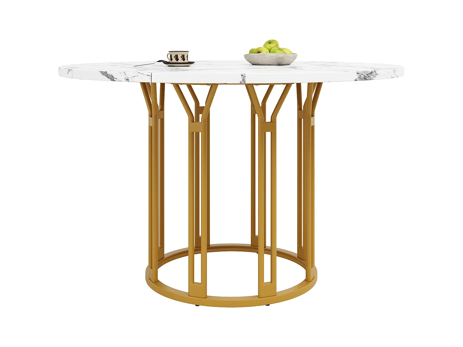 Table à manger ronde - 100 x 100 x 74 cm - pieds en métal - motif marbre - MDF + Métal - doré