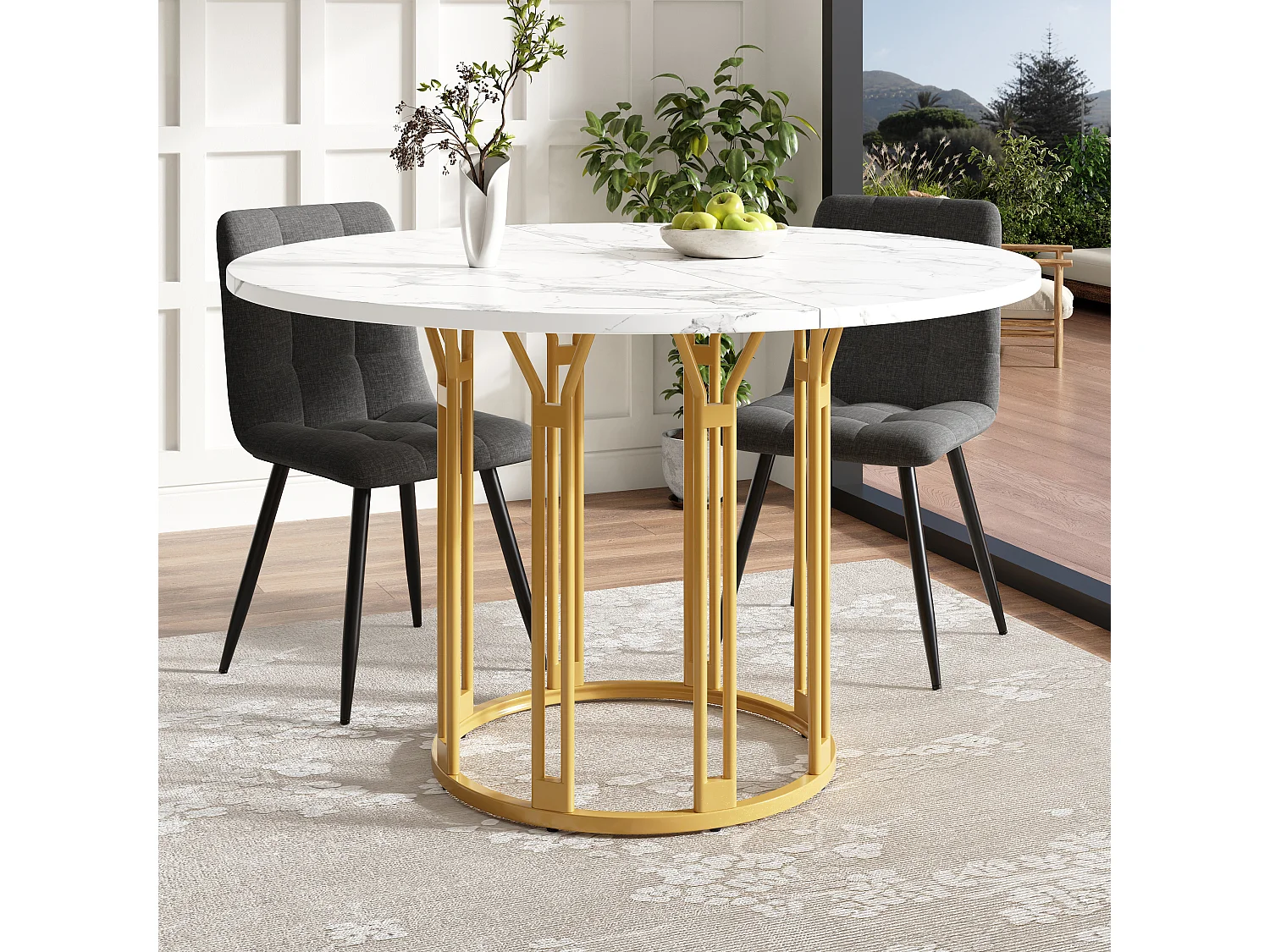 Table à manger ronde - 100 x 100 x 74 cm - pieds en métal - motif marbre - MDF + Métal - doré