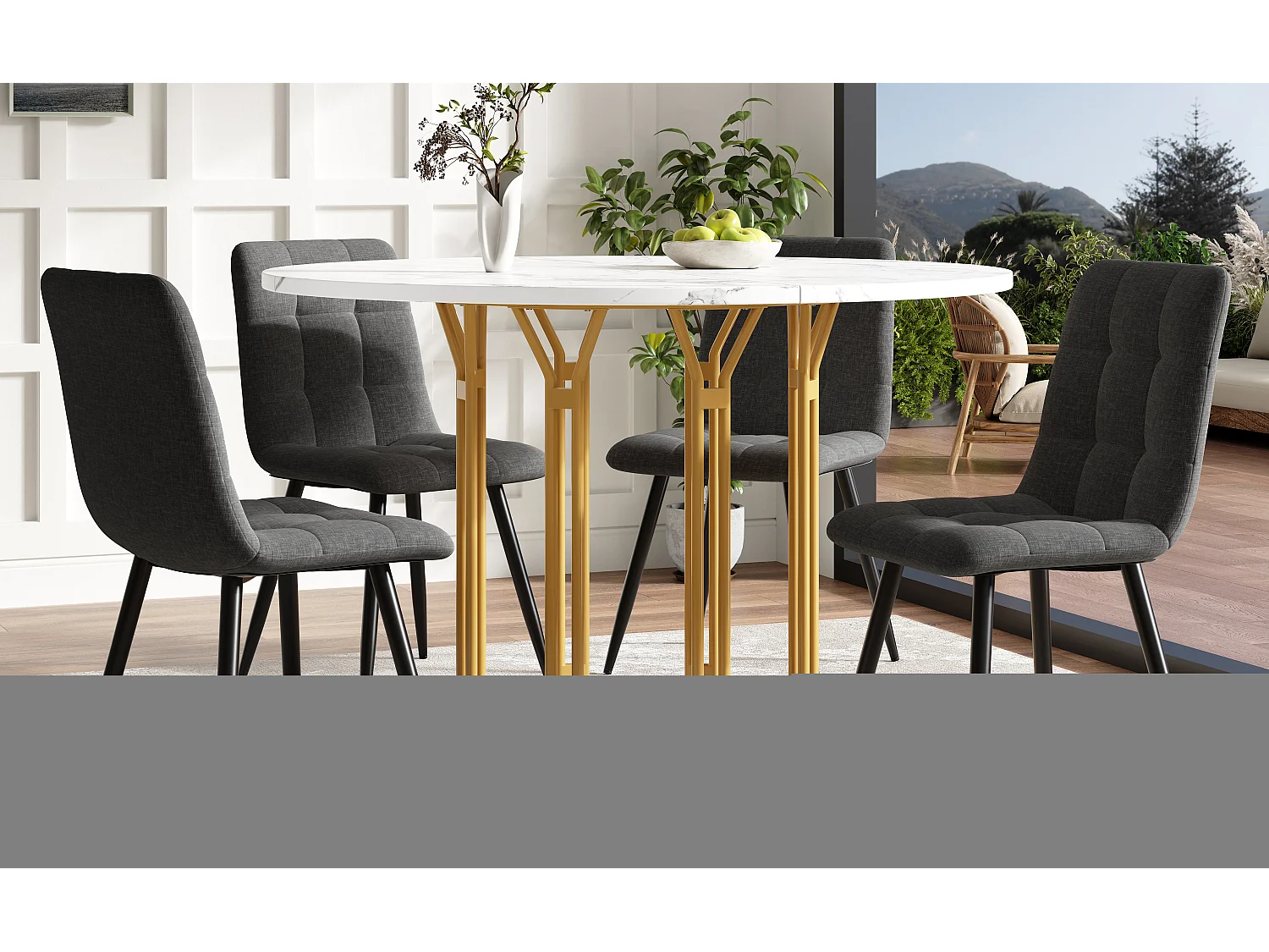 Table à manger ronde - 100 x 100 x 74 cm - pieds en métal - motif marbre - MDF + Métal - doré