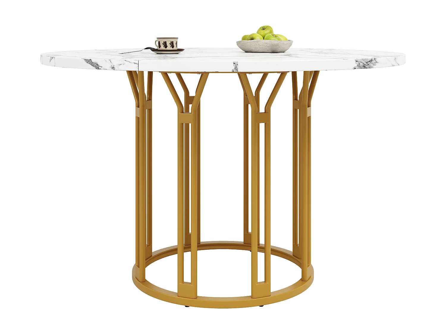 Table à manger ronde - 100 x 100 x 74 cm - pieds en métal - motif marbre - MDF + Métal - doré