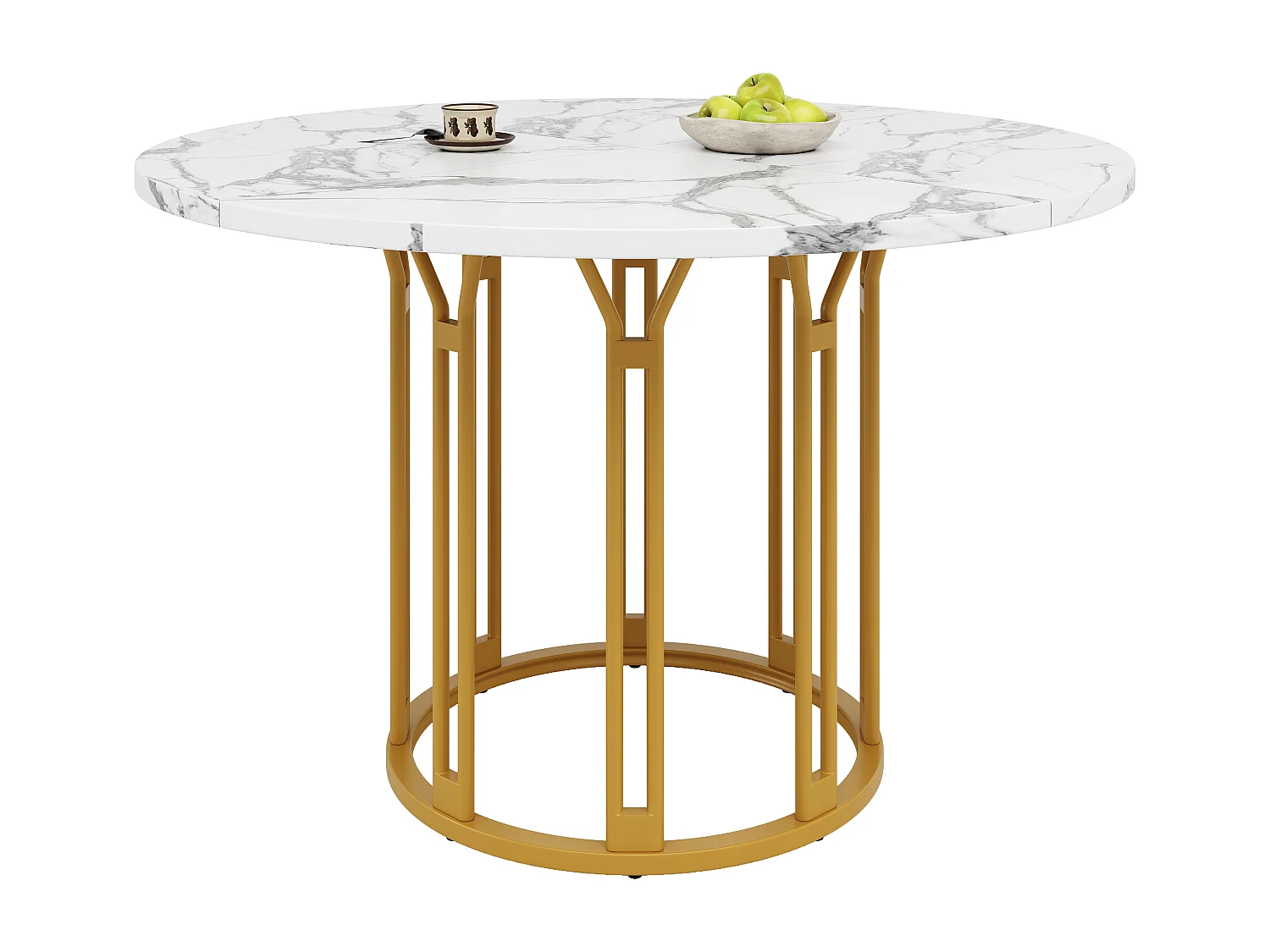 Table à manger ronde - 100 x 100 x 74 cm - pieds en métal - motif marbre - MDF + Métal - doré