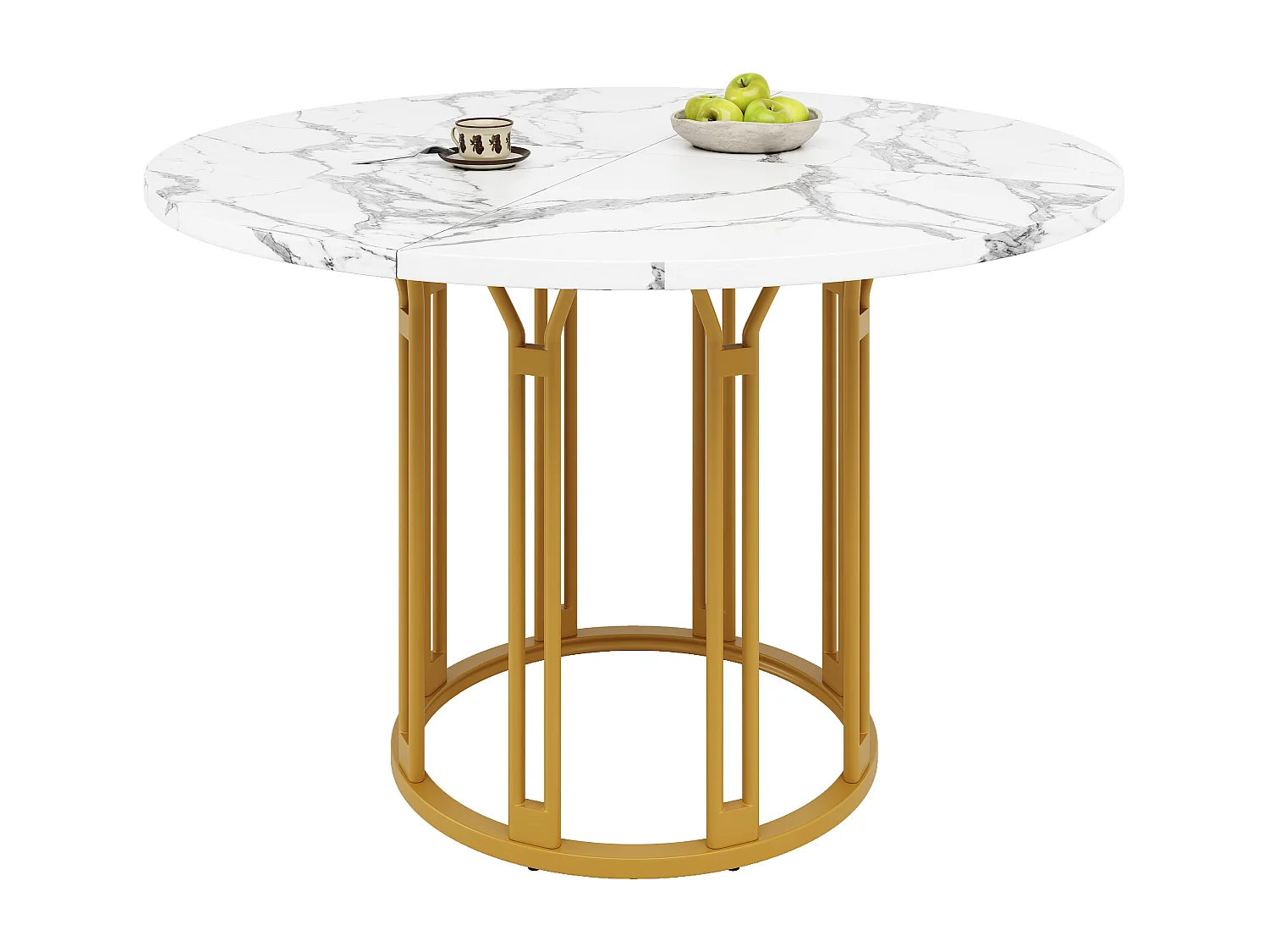 Table à manger ronde - 100 x 100 x 74 cm - pieds en métal - motif marbre - MDF + Métal - doré