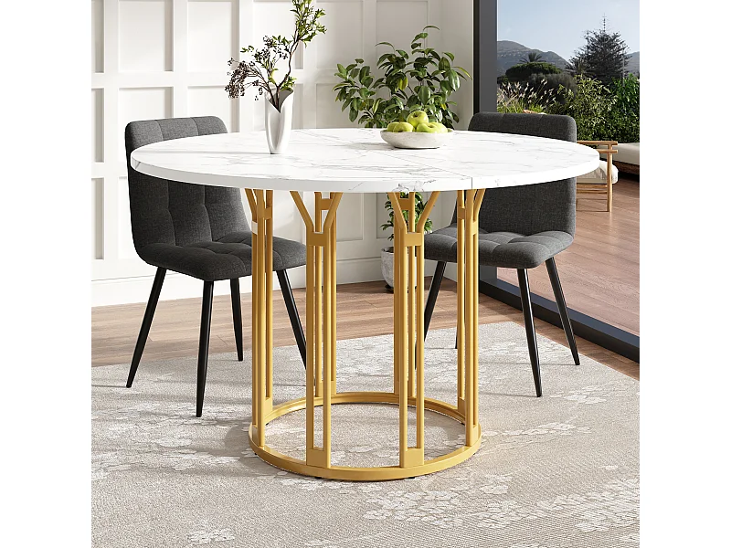 Runder Esstisch - 100 x 100 x 74 cm - Metallbeine - Marmormuster - MDF + Metall - Gold