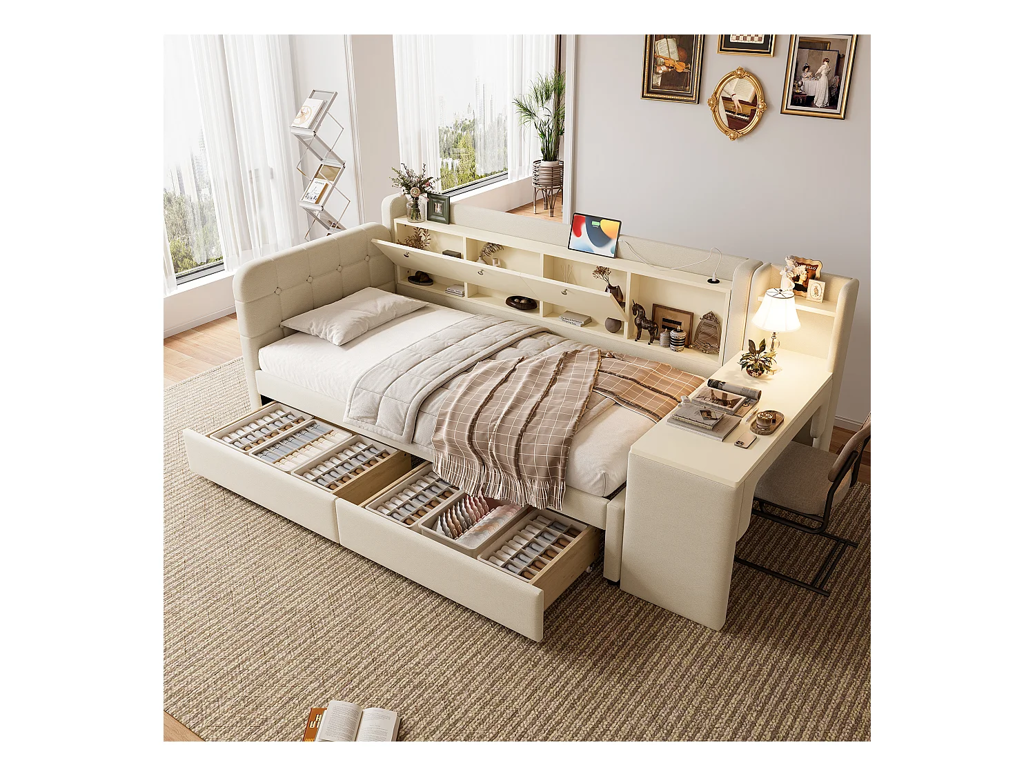 Canapé-lit pour enfant - 90 x 200 cm - avec bureau + 2 tiroirs + USB + rangement - lin - beige