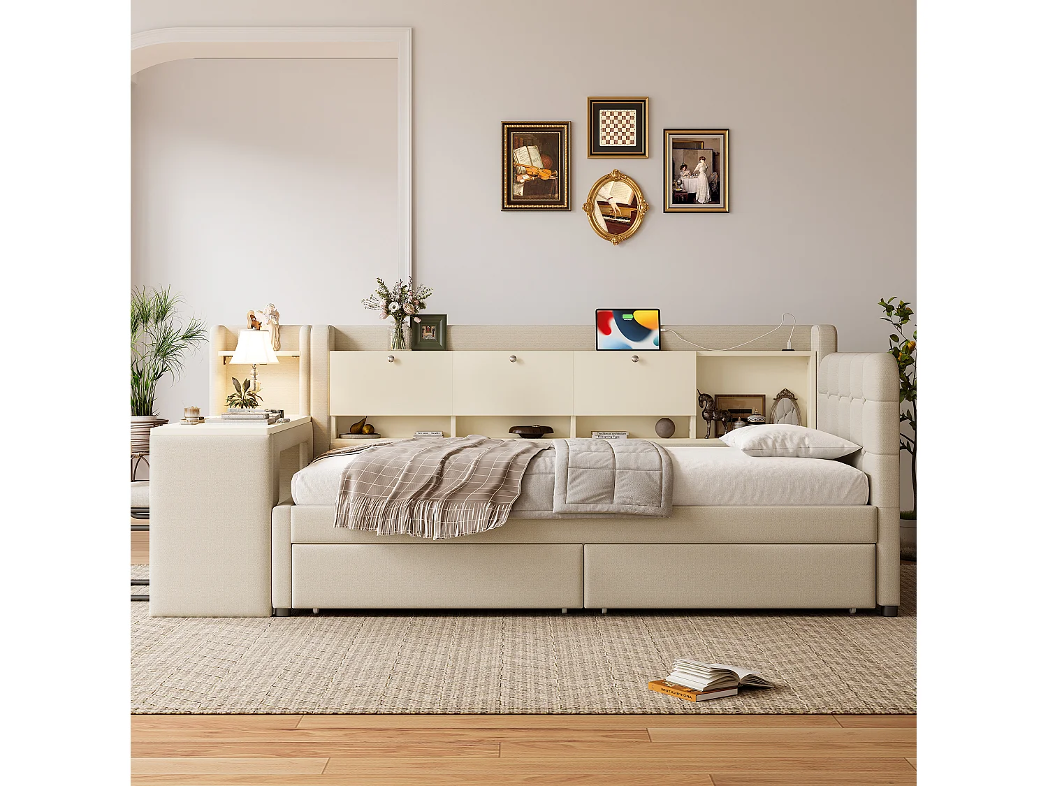 Sofá cama infantil - 90 x 200 cm - con escritorio + 2 cajones + USB + almacenaje - lino - beige