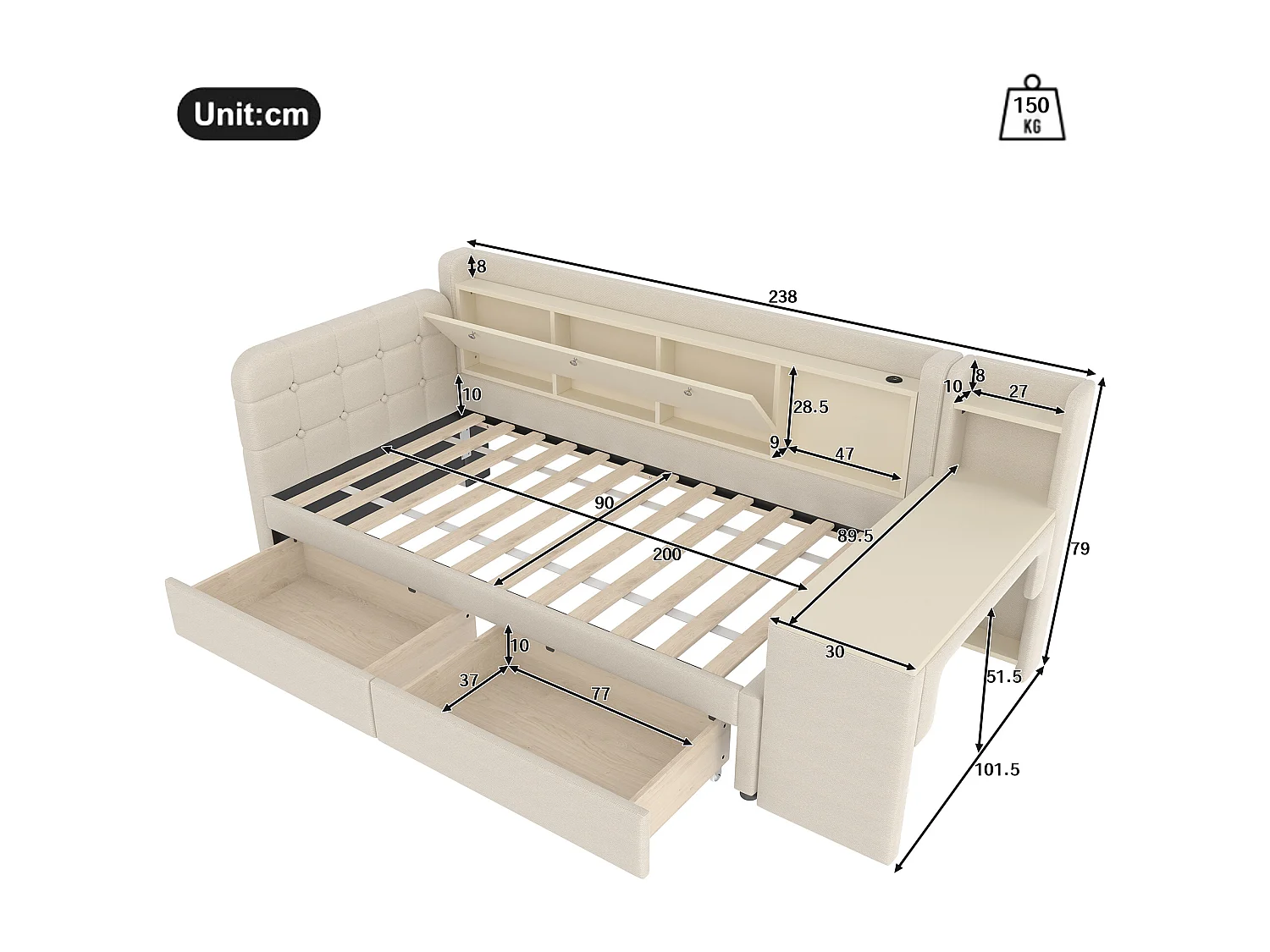 Sofá cama infantil - 90 x 200 cm - con escritorio + 2 cajones + USB + almacenaje - lino - beige