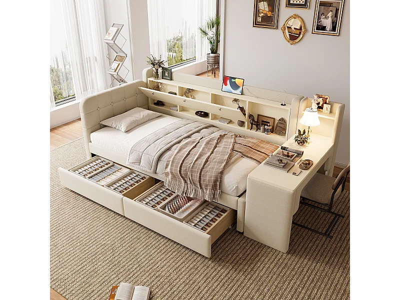 Canapé-lit pour enfant - 90 x 200 cm - avec bureau + 2 tiroirs + USB + rangement - lin - beige