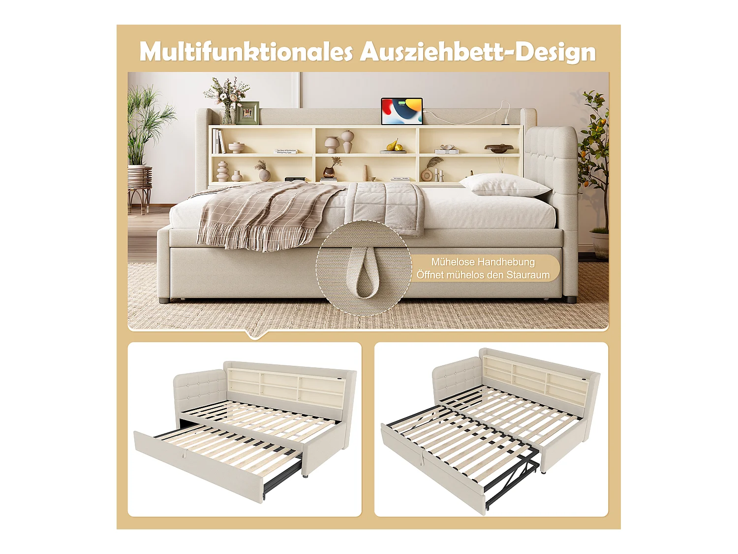 Canapé-lit enfant - 90 x 200 cm - avec lit gigogne90 x 190 cm + rangement + USB - lin - beige