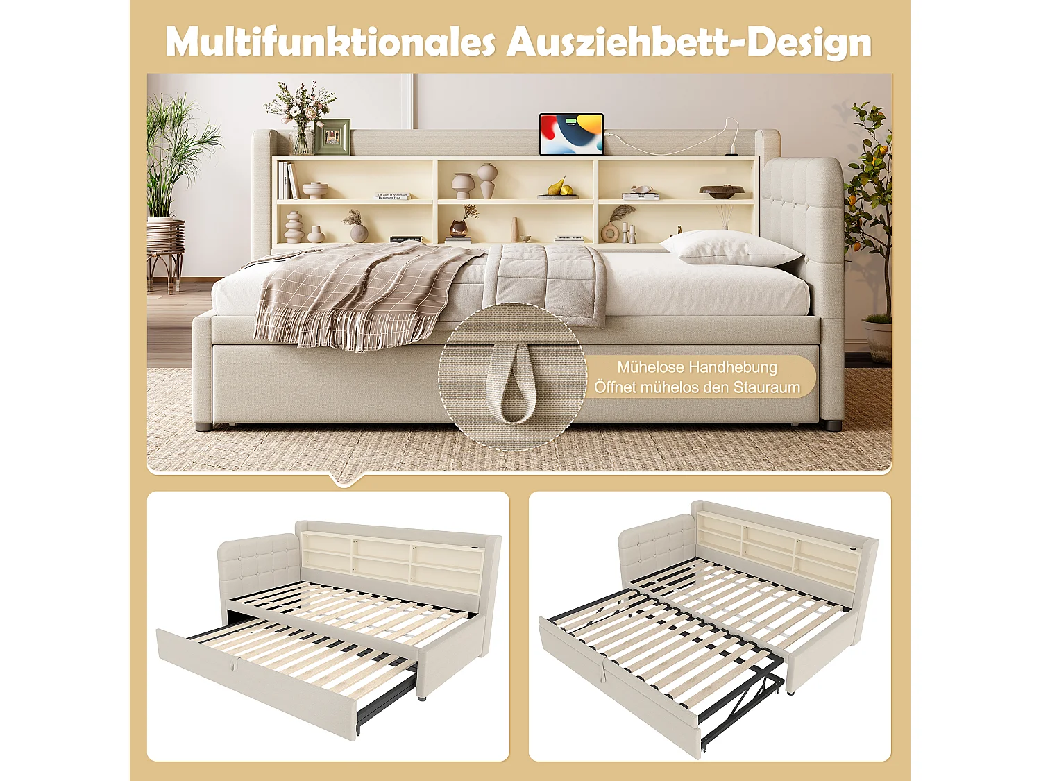 Divano letto per bambini - 90 x 200 cm - con letto estraibile 90 x 190 cm + contenitore + USB - lino - beige