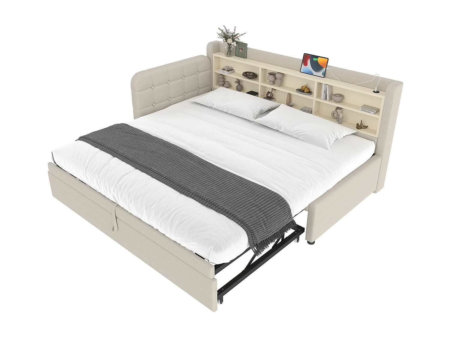 Divano letto per bambini - 90 x 200 cm - con letto estraibile 90 x 190 cm + contenitore + USB - lino - beige