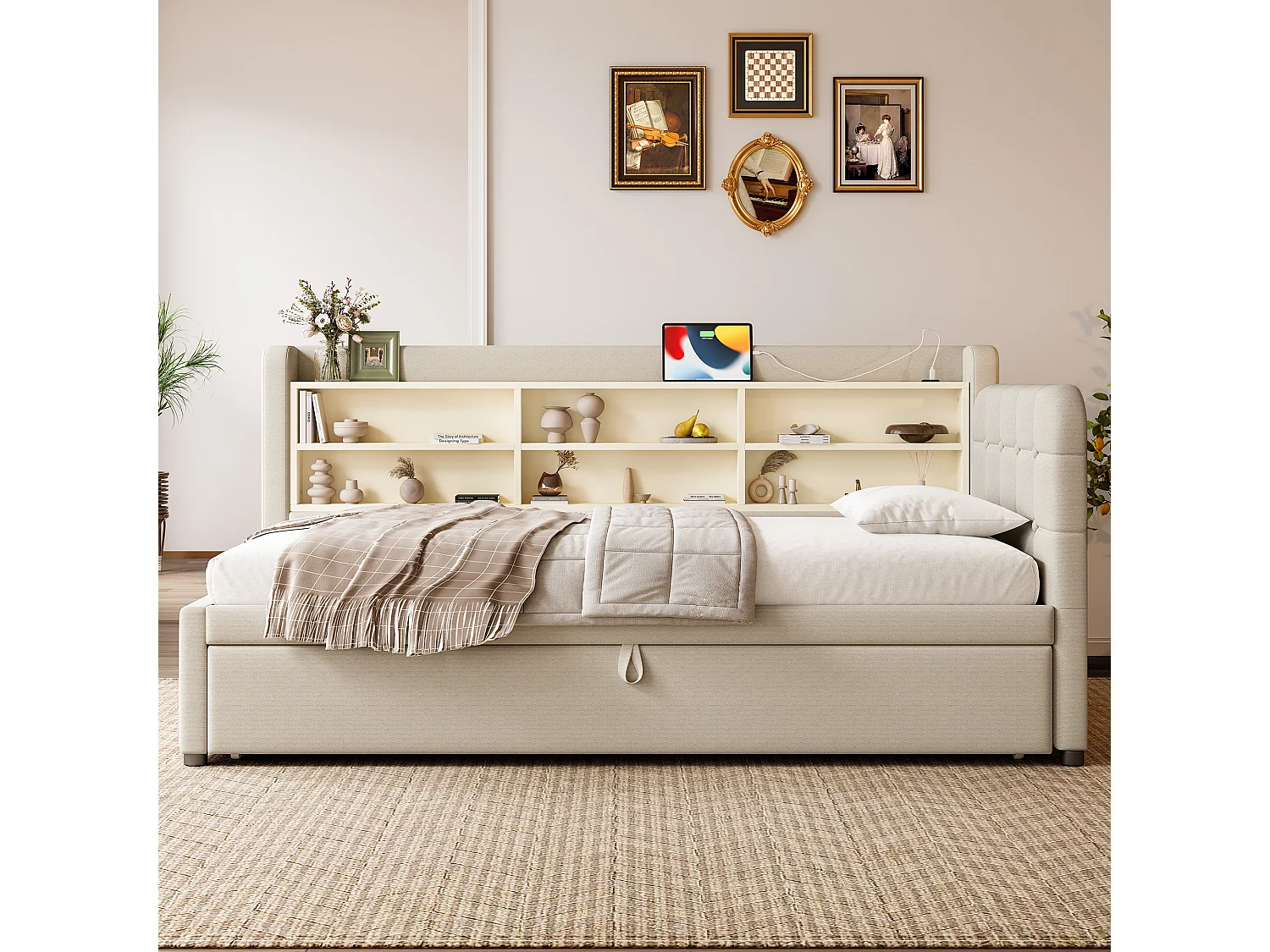 Divano letto per bambini - 90 x 200 cm - con letto estraibile 90 x 190 cm + contenitore + USB - lino - beige