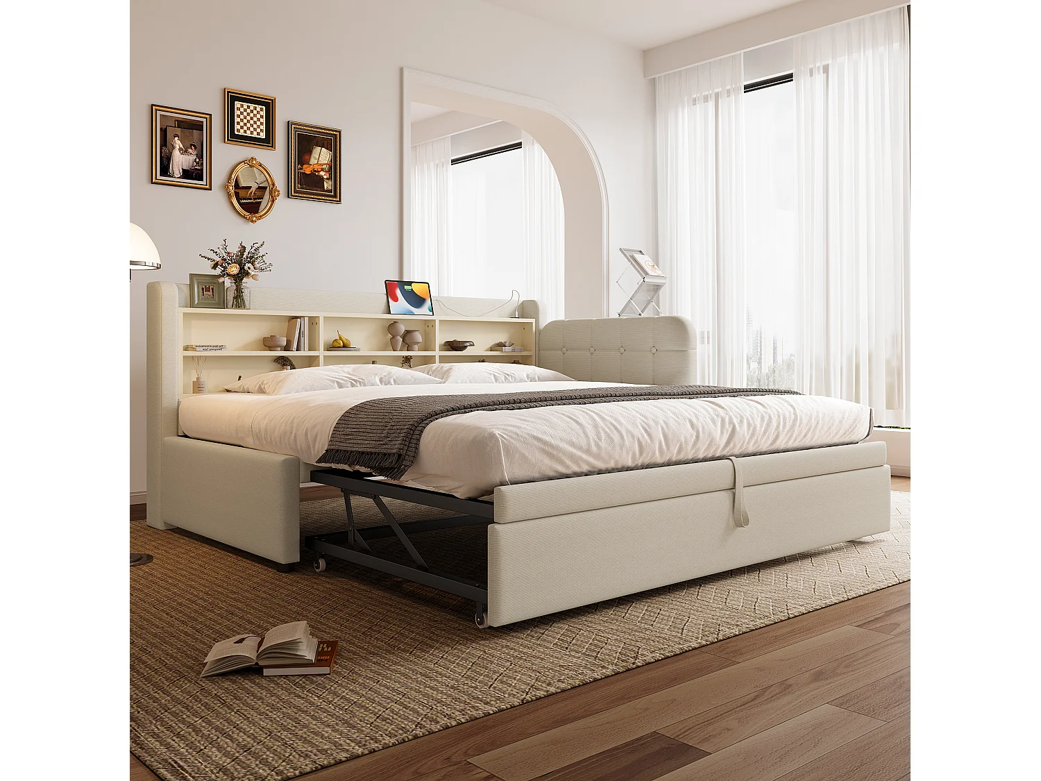 Divano letto per bambini - 90 x 200 cm - con letto estraibile 90 x 190 cm + contenitore + USB - lino - beige