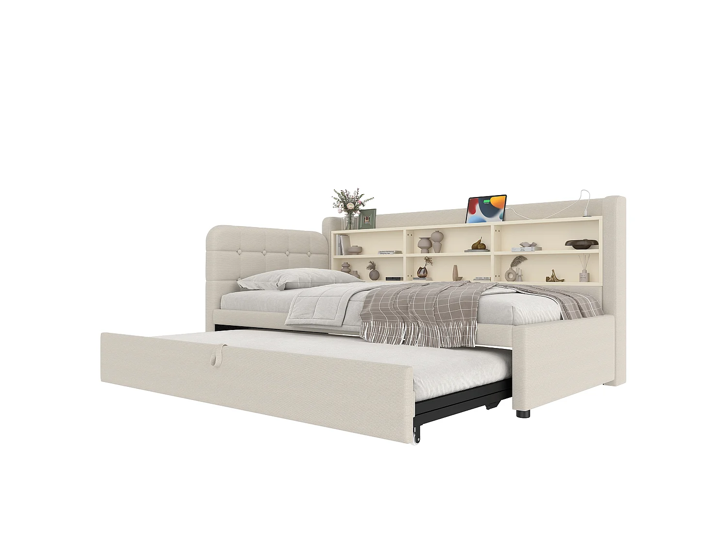 Divano letto per bambini - 90 x 200 cm - con letto estraibile 90 x 190 cm + contenitore + USB - lino - beige