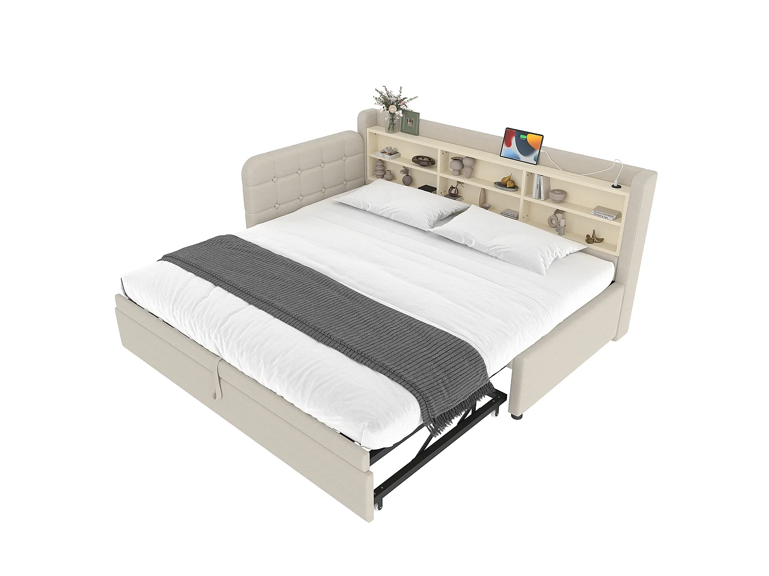 Divano letto per bambini - 90 x 200 cm - con letto estraibile 90 x 190 cm + contenitore + USB - lino - beige