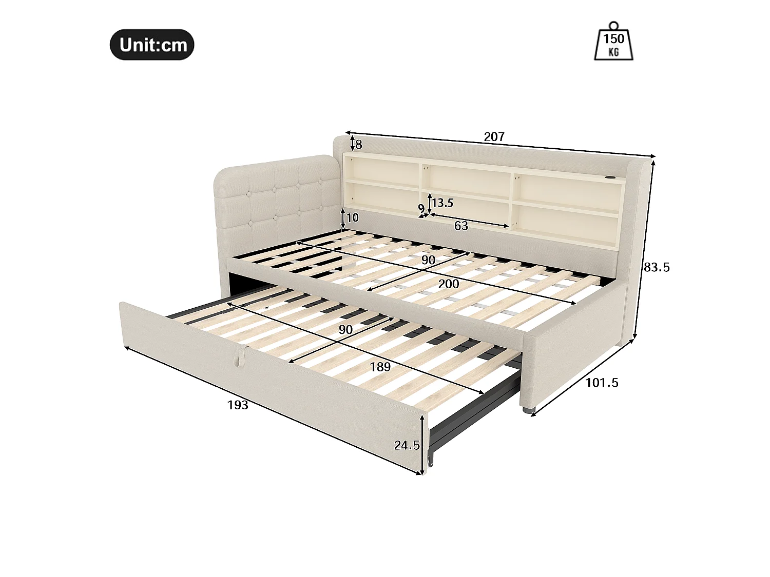 Divano letto per bambini - 90 x 200 cm - con letto estraibile 90 x 190 cm + contenitore + USB - lino - beige