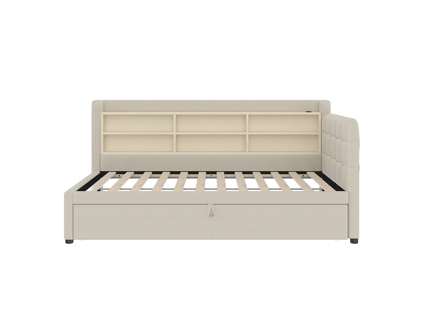 Divano letto per bambini - 90 x 200 cm - con letto estraibile 90 x 190 cm + contenitore + USB - lino - beige